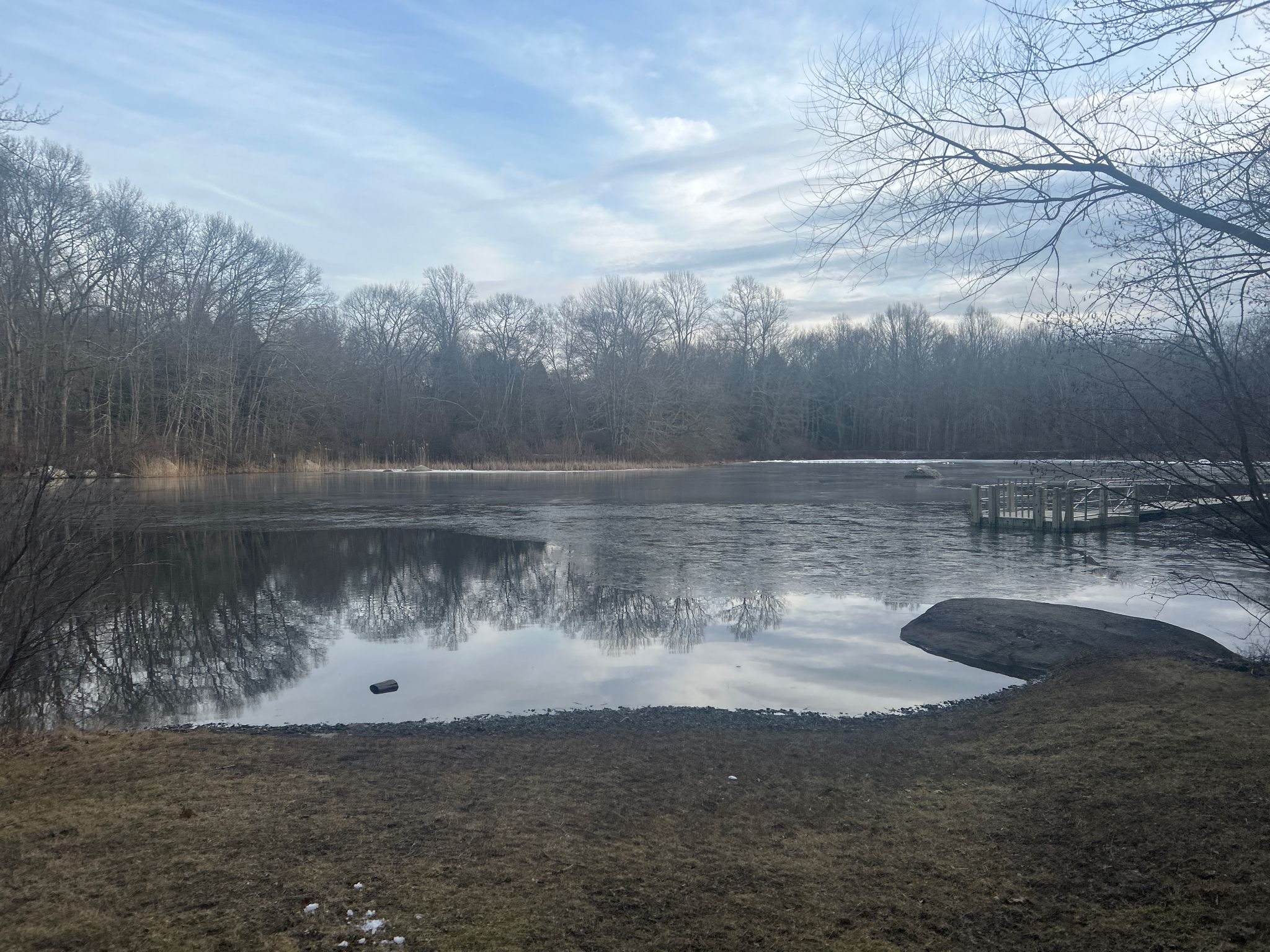 Partially frozen lake reflecting cloudy sky, surrounded by bare winter trees. - Laurel Walk