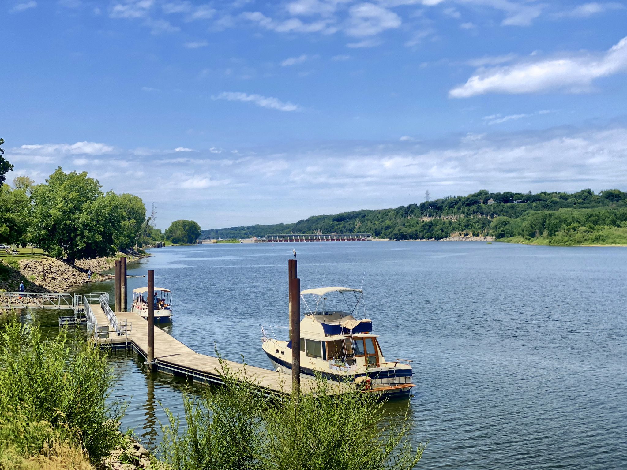 Boats docked at a pier on a wide river under a bright blue sky. - Schaar's Bluff Trail – Spring Lake Park Reserve loop from Practice Green