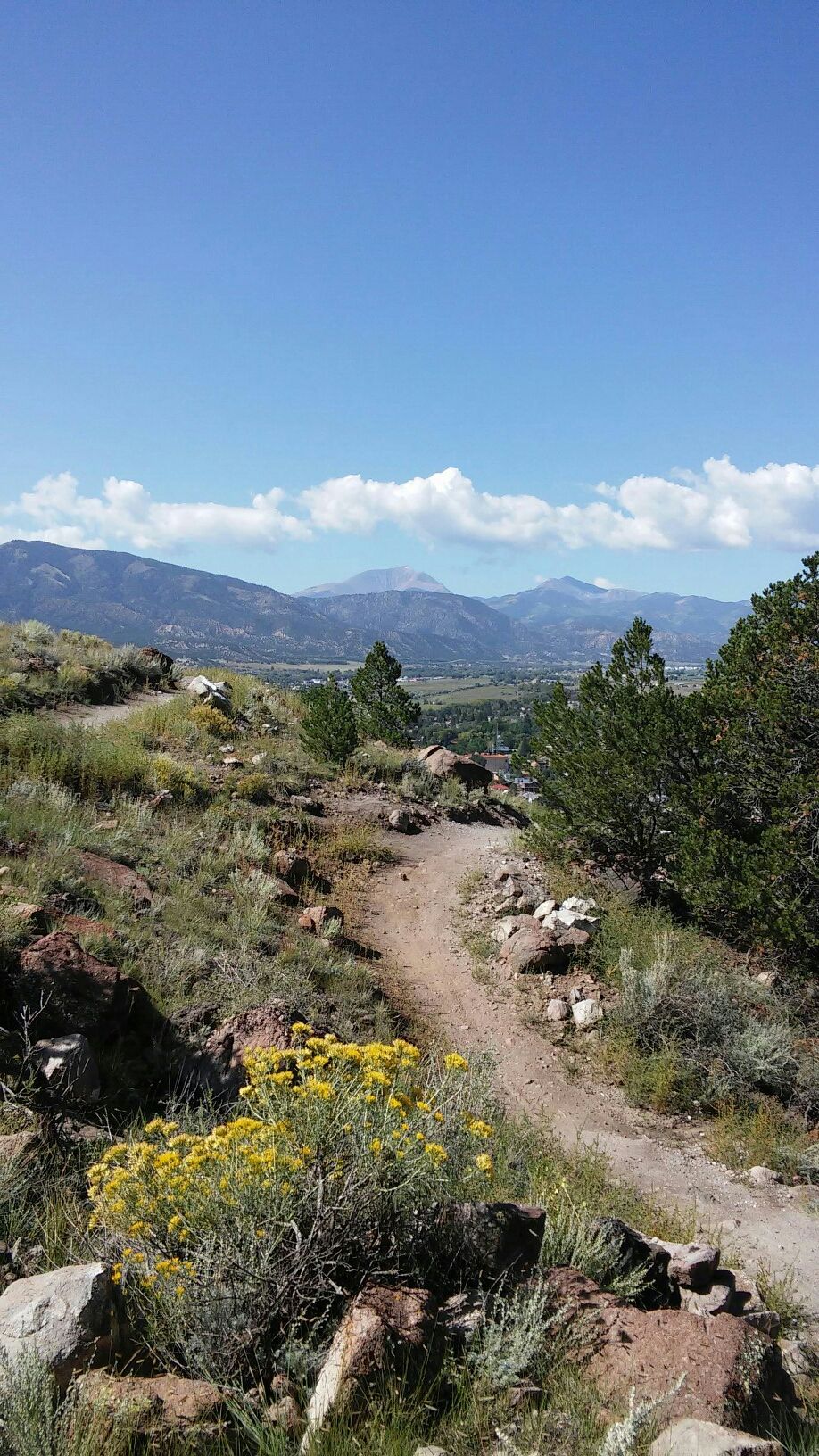 Winding dirt trail on a sunny hillside overlooking a valley and distant mountains. - Sand Dunes Loop