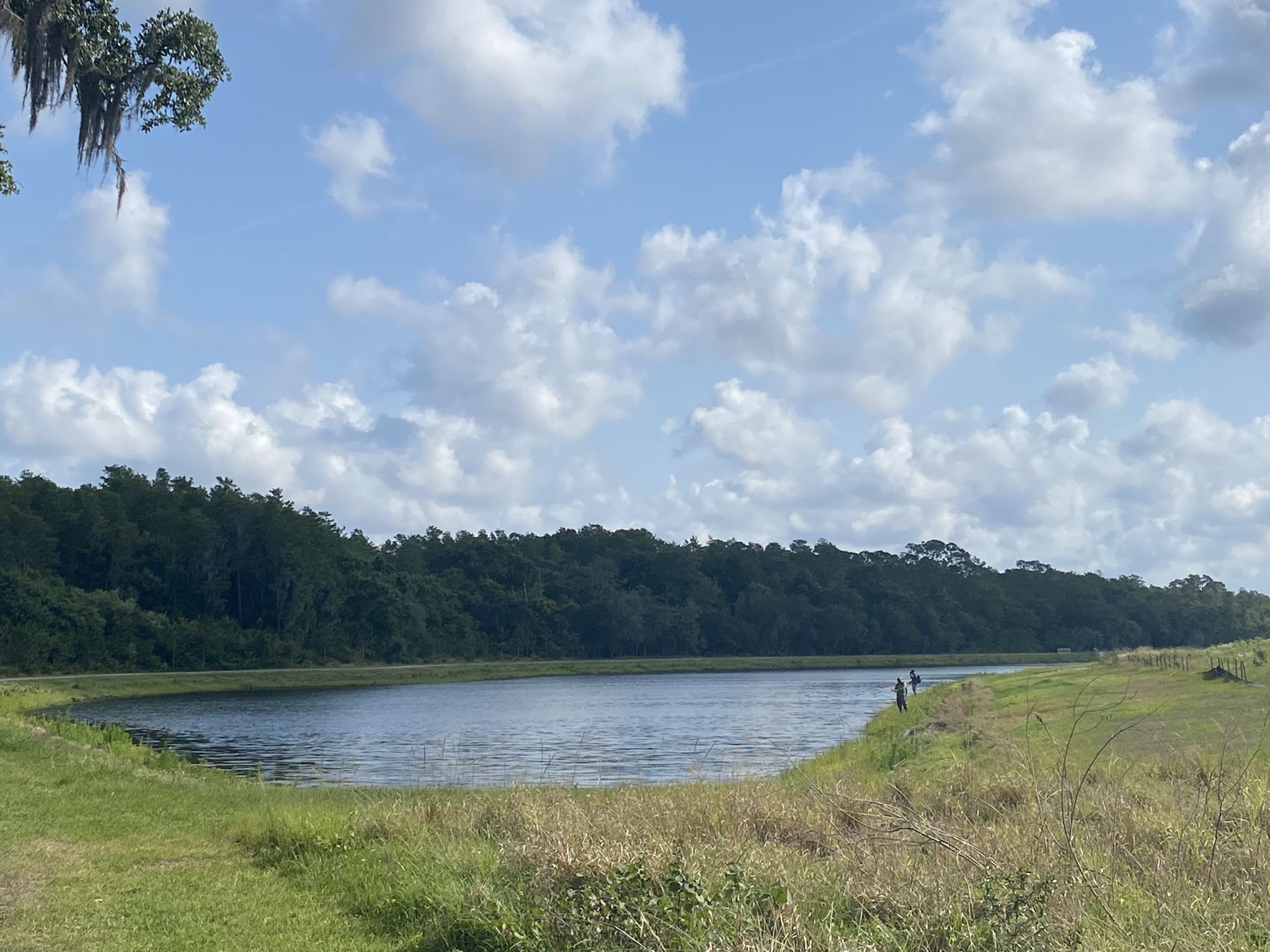 Sunny day over a calm lake with distant trees and two people fishing. - Shingle Creek Regional Trail