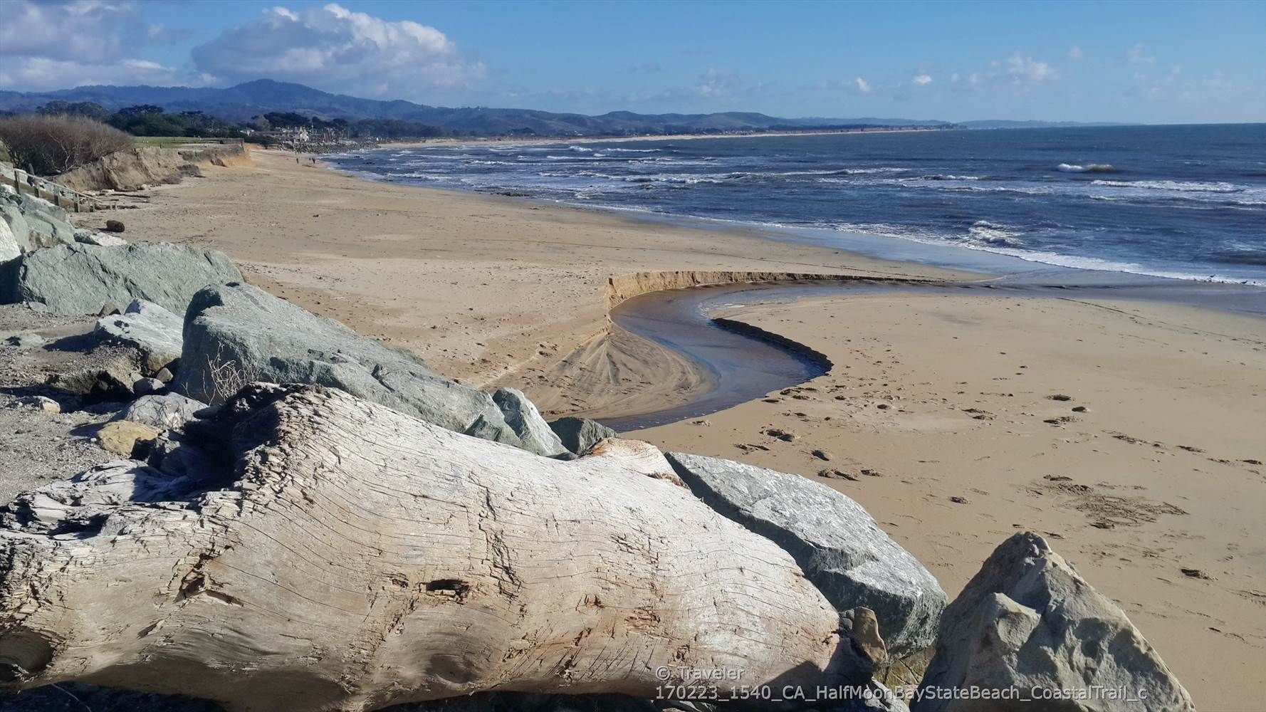 Large driftwood on a sandy beach with ocean waves and a stream. - Miramar Beach – Poplar Beach loop from Half Moon Bay State Beach