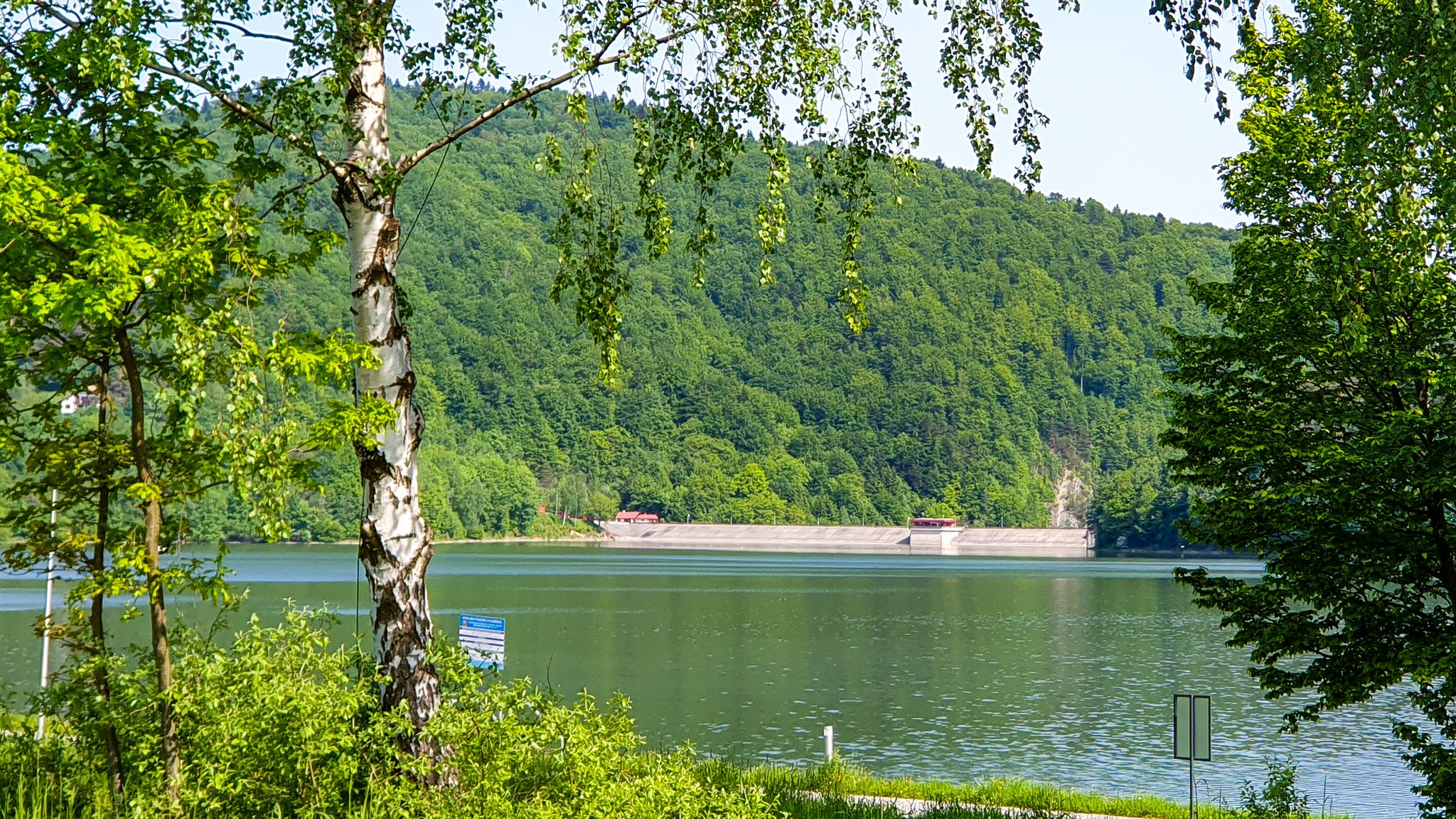 Widok na zaporę z plaży w Klimkówce