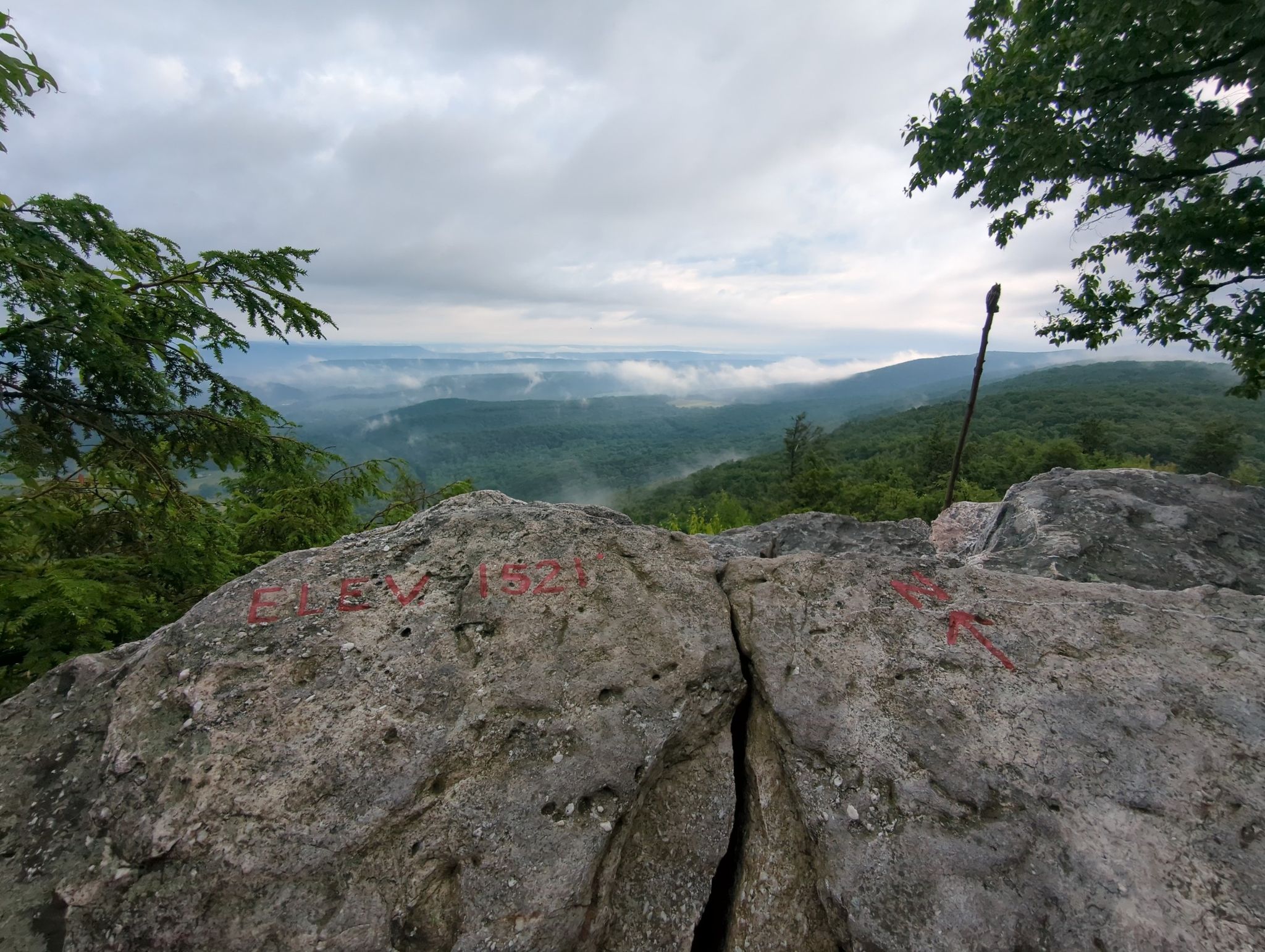 Rocky foreground with red markings overlooking misty green mountains under cloudy sky. - Hawk Mountain Lookout Trail