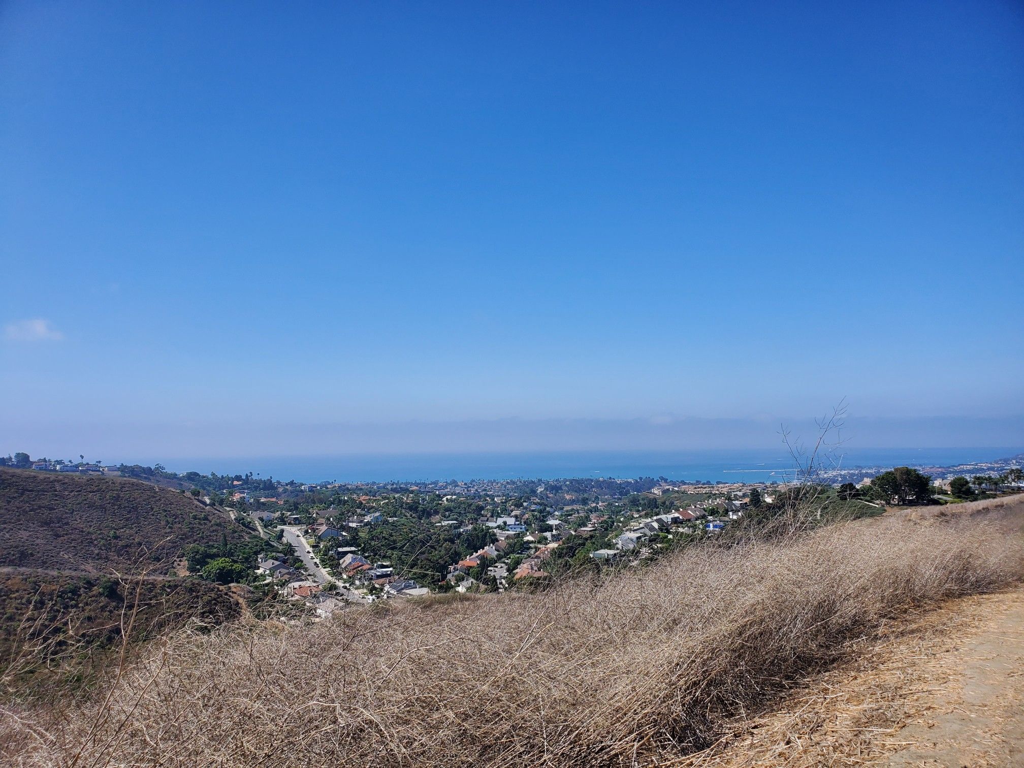Dry hillside overlooking a coastal town and the ocean under a clear blue sky. - Patriot Trail and Forster Canyon Loop