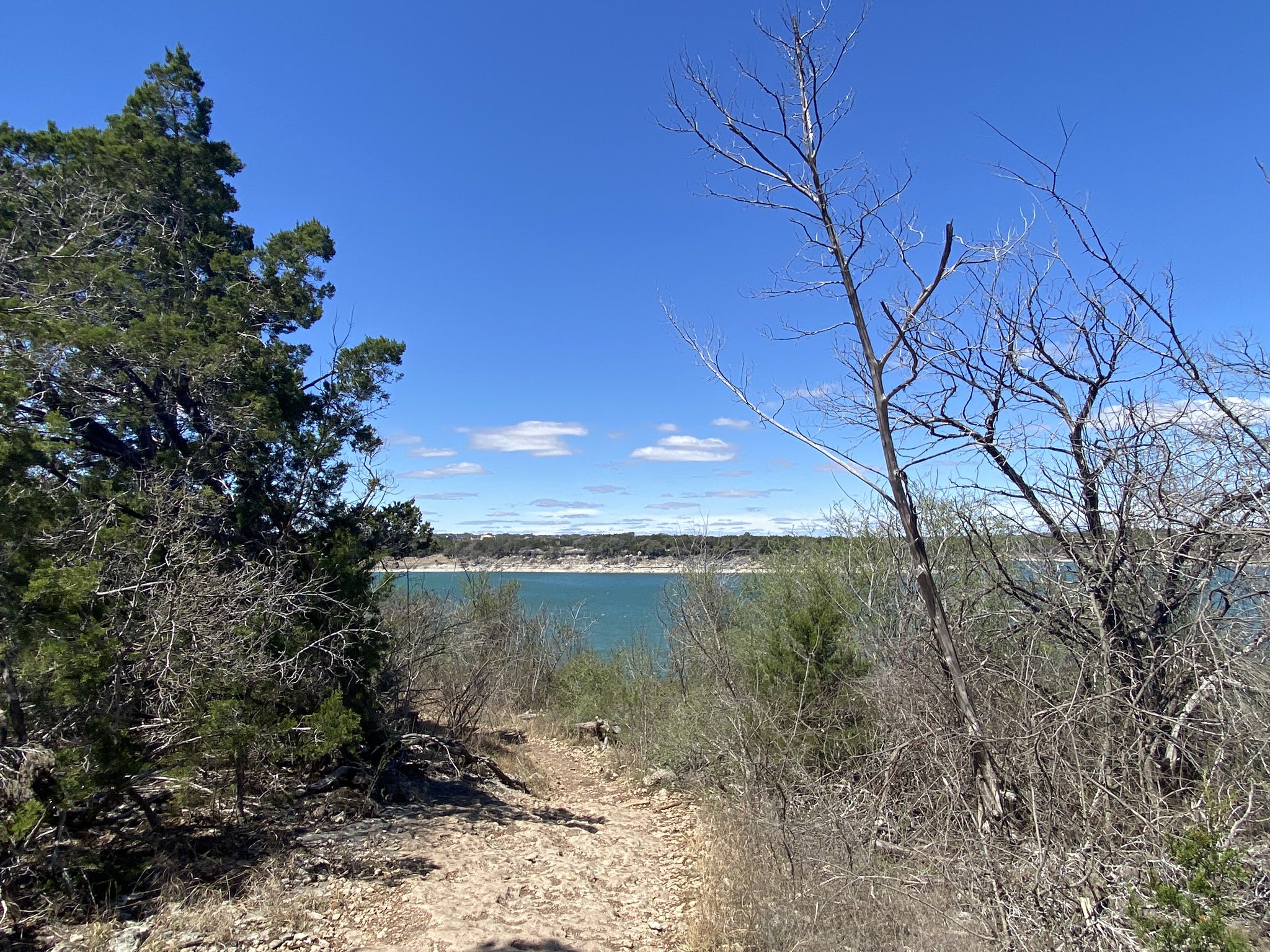A dirt path leading towards a large blue lake, framed by trees. - Good Water Trail to Lake Georgetown