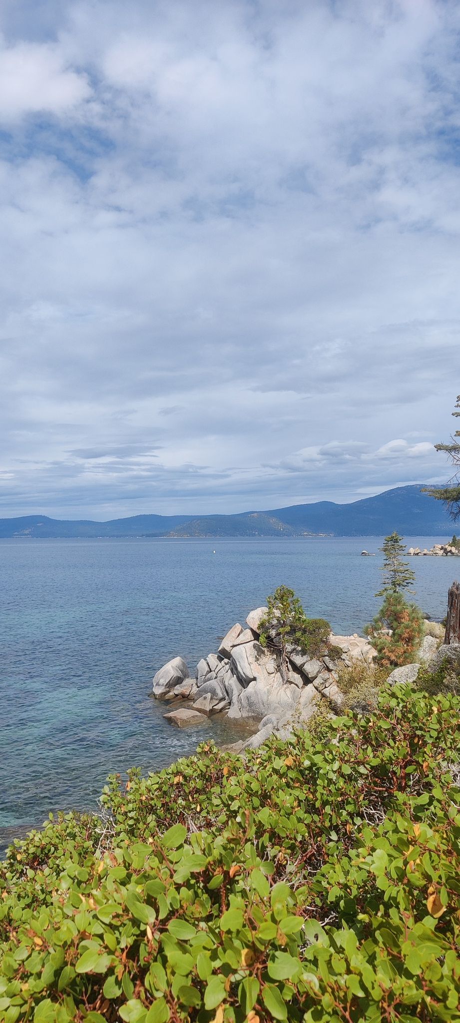 Clear blue lake water next to a rocky outcrop with lush green foliage. - Chimney Beach Trail