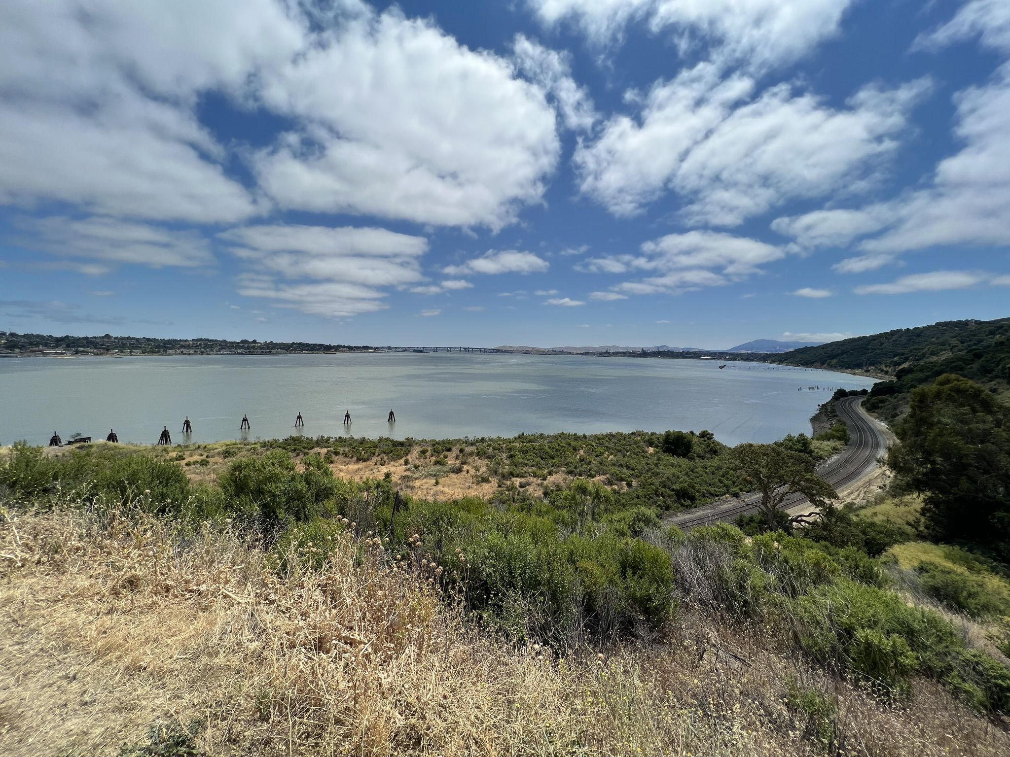 People stand by a wide bay under a bright, cloudy sky. - San Francisco Bay & Carquinez Strait Trails loop