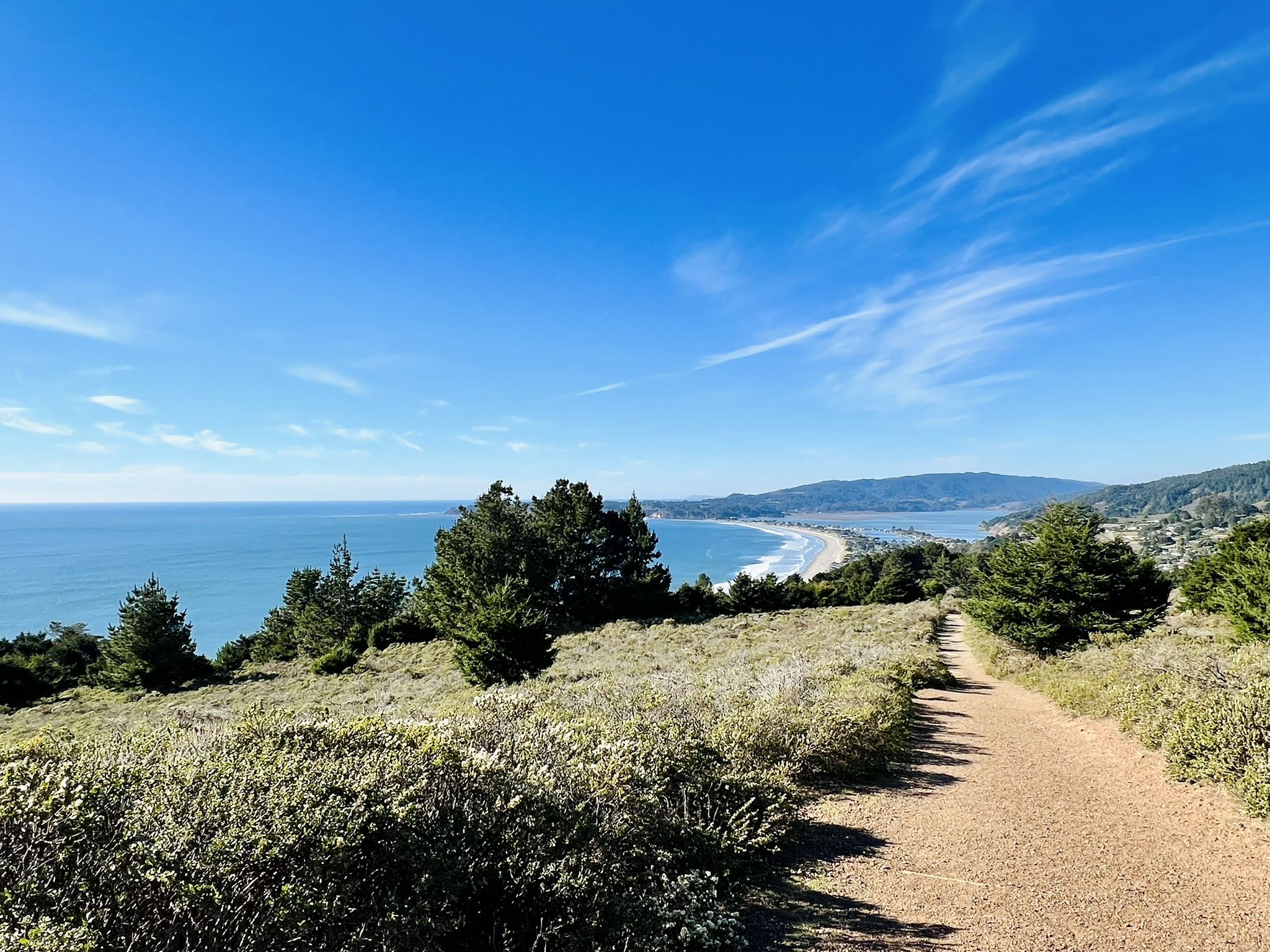 Sunny dirt path leading to a coastal view with ocean and hills. - Matt Davis and Dipsea Trail Loop
