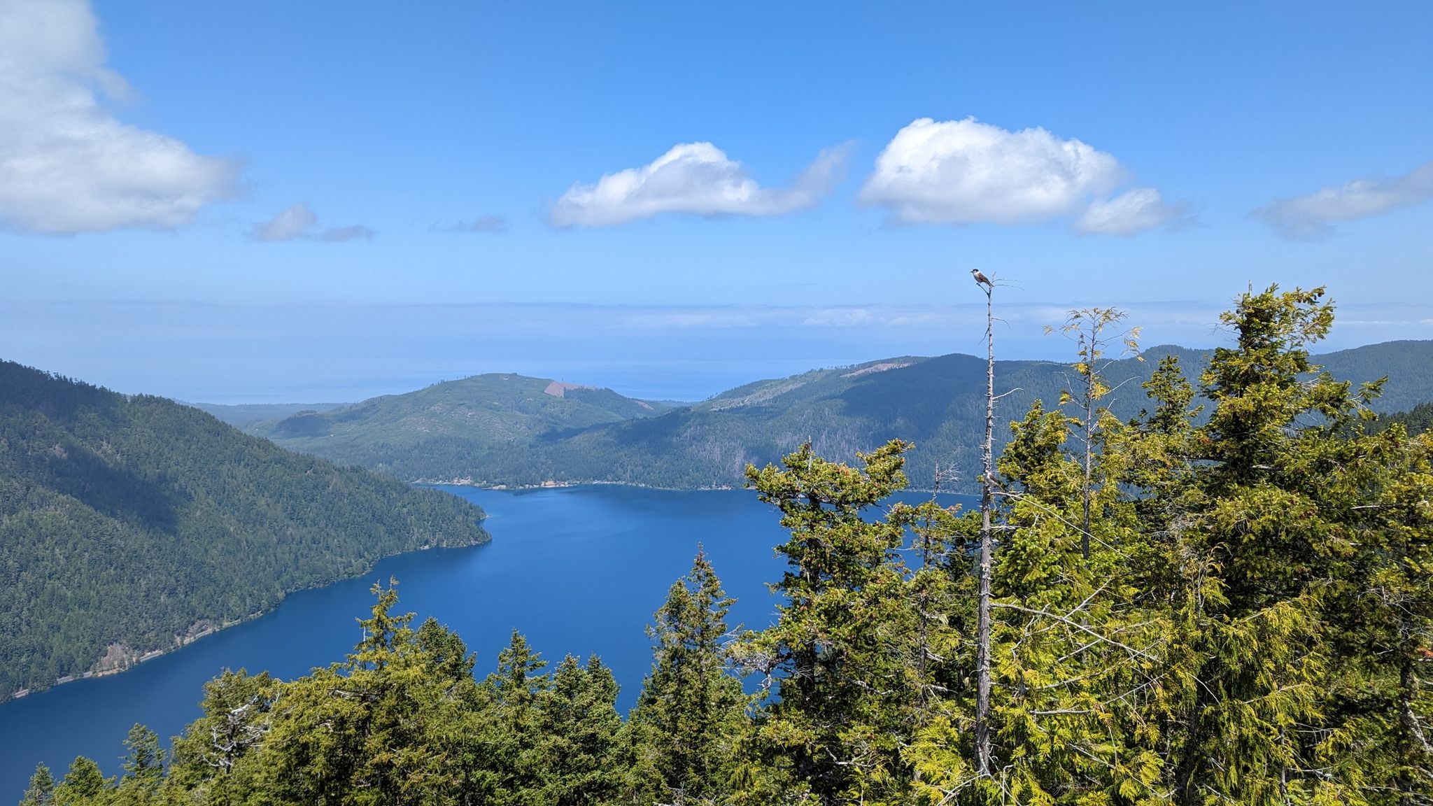 Bright sunny view of a large blue lake surrounded by green mountains. - Mount Storm King Trail