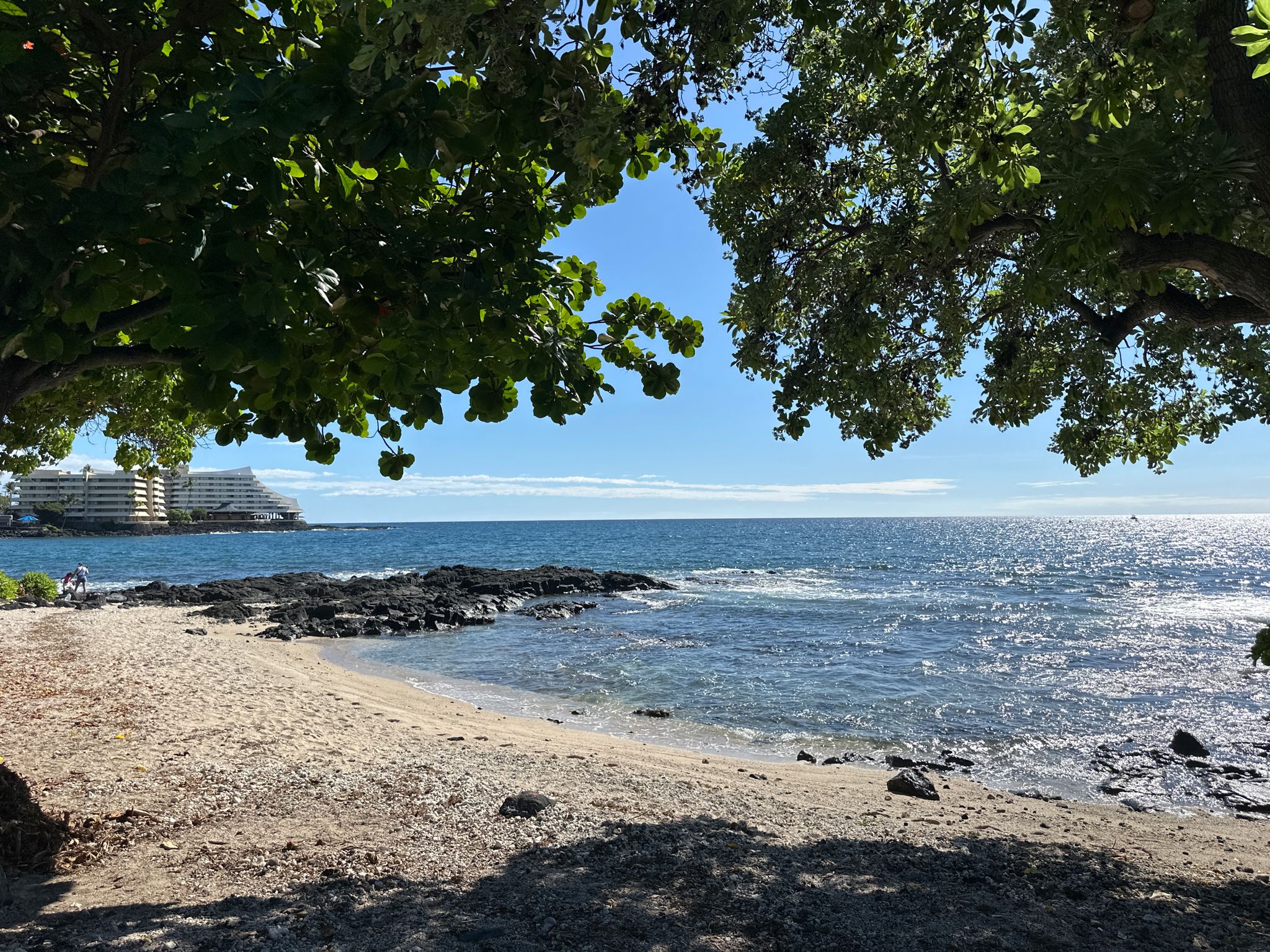 Sunny beach and ocean view framed by green tree canopy, distant buildings. - Huliheʻe Palace – Kailua-Kona loop from Matsuyama's Food Mart