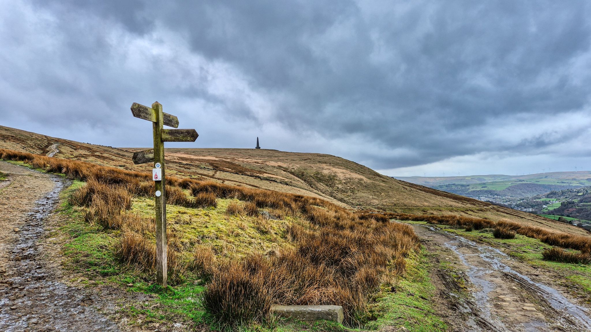 View of Stoodley Pike at the crossroads of the Pennine way and London road