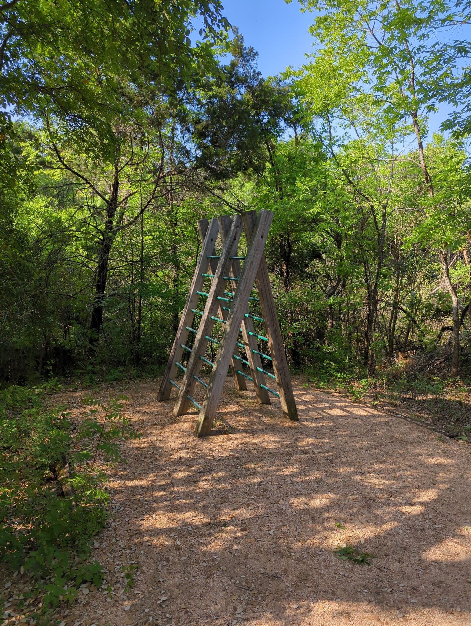 Wooden climbing structure on a dirt path surrounded by green trees. - Latta Branch Greenbelt – Latta Branch Greenway Trail loop from NXP Oak Hill Fab