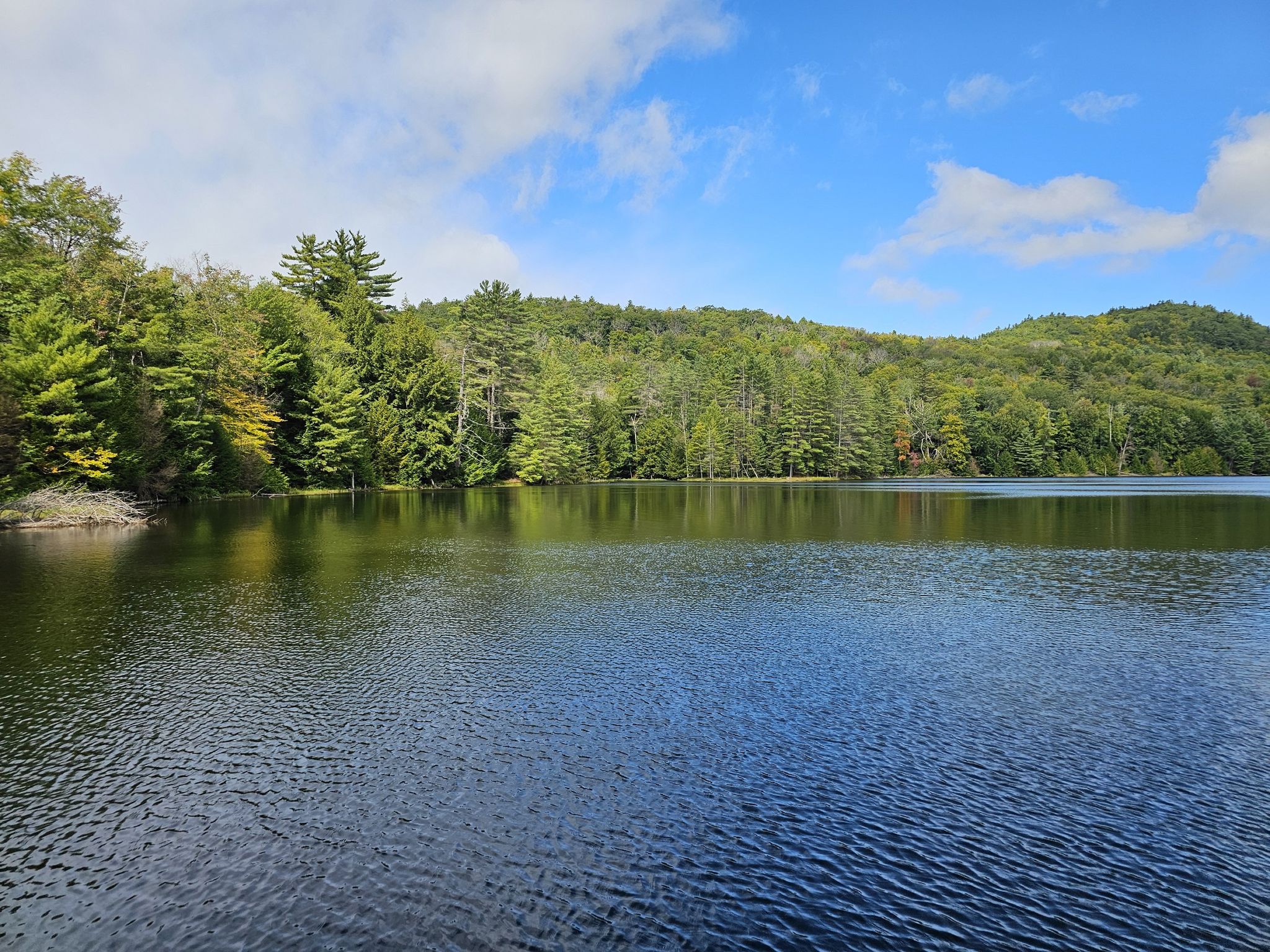 Serene lake reflecting green and autumn trees under a blue sky. - Edgecomb Pond loop from Edgecomb Pond Dam
