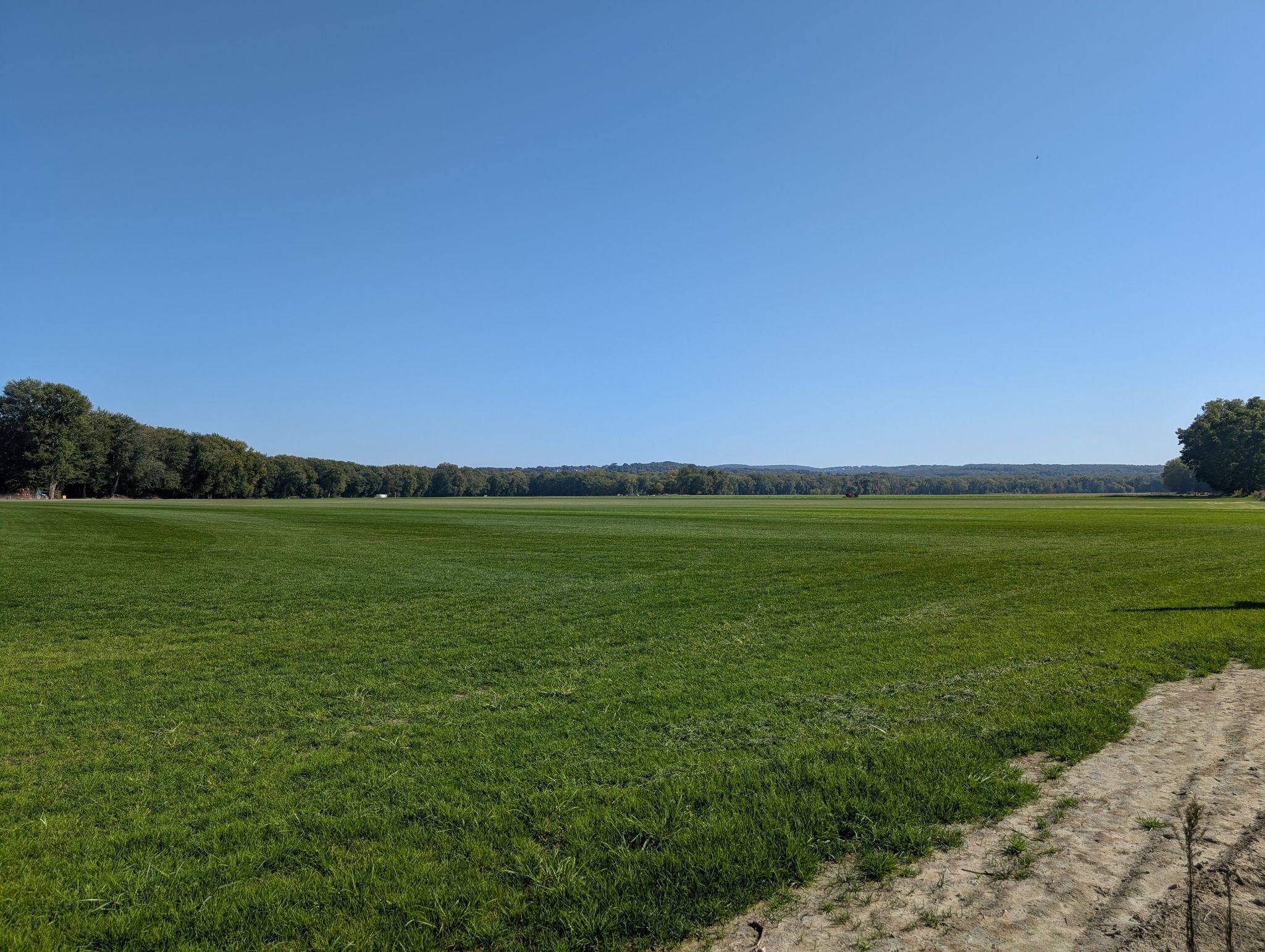 Vast green field under a clear blue sky, bordered by distant trees. - Heritage Way Bikepath Loop