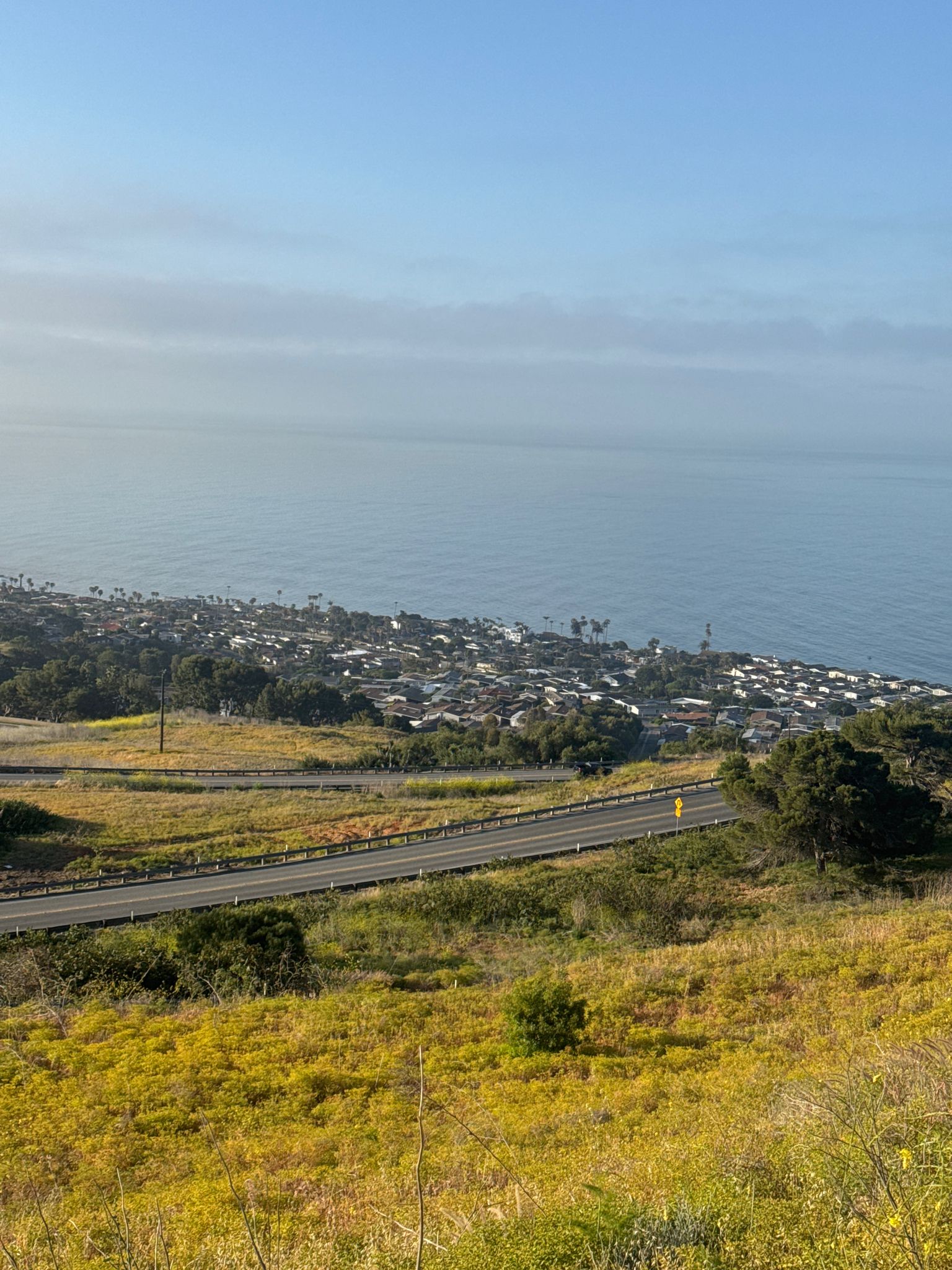 Elevated view of a coastal town, winding road, and hazy ocean. - Horse Riding Ranch loop from Palos Verdes Estates