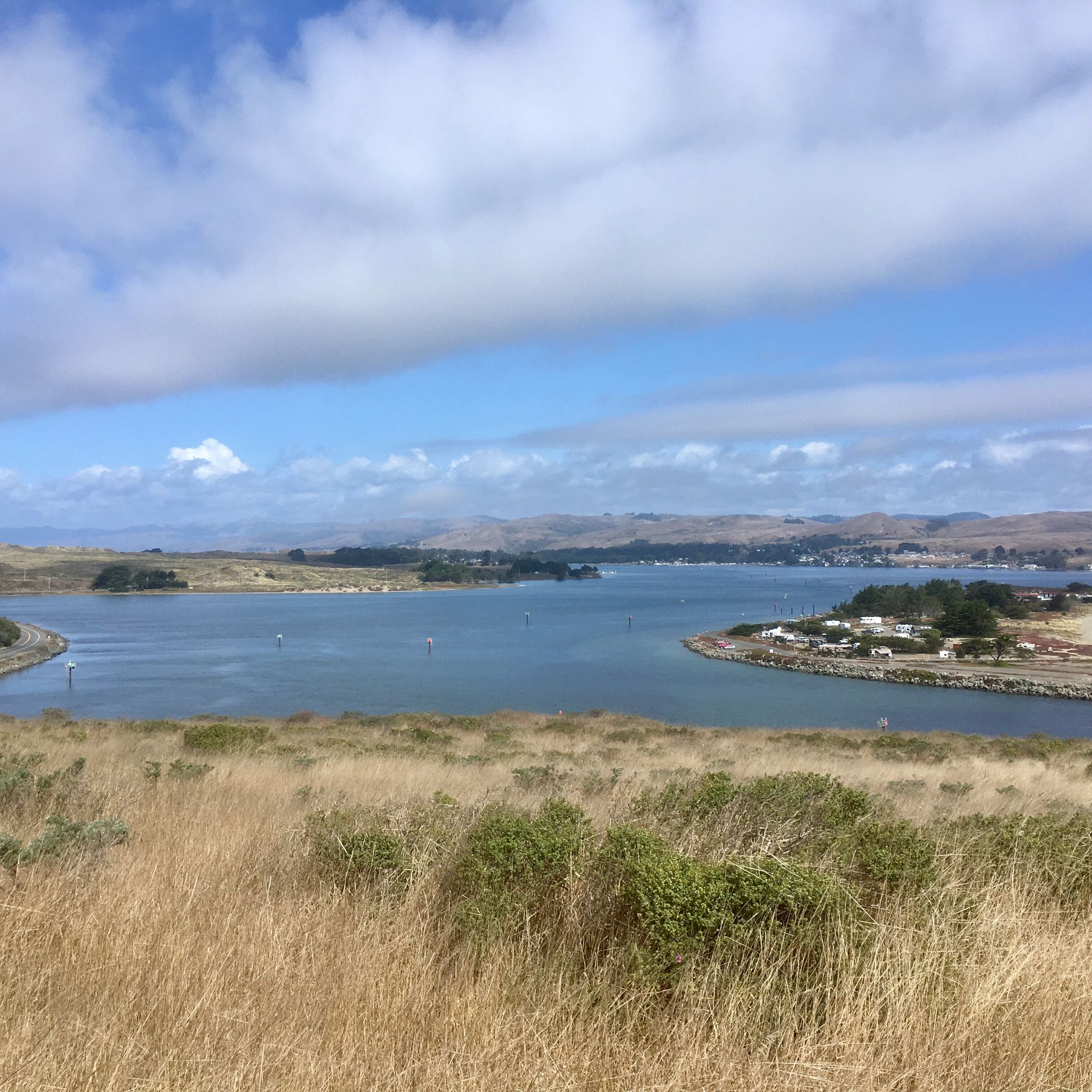 An expansive bay with distant hills, under a partly cloudy sky. - Bodega Head Trail