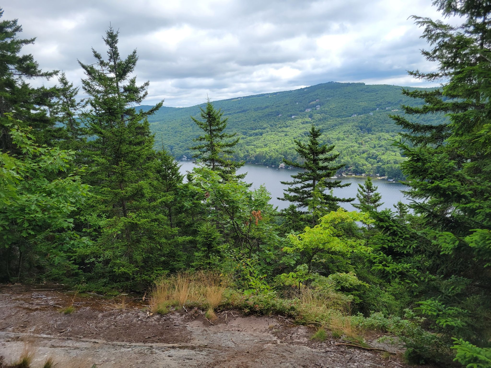 Overcast view of a lake surrounded by lush green mountains and evergreen trees. - Newbury Trail