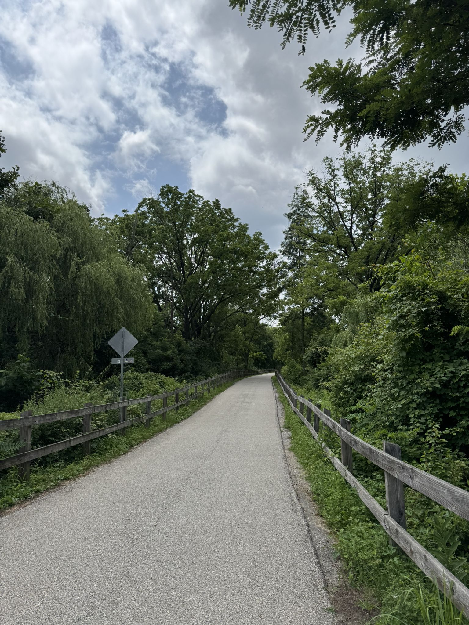 A paved path curves through lush green trees under a cloudy sky. - Battle of the Clouds Park loop from Malvern