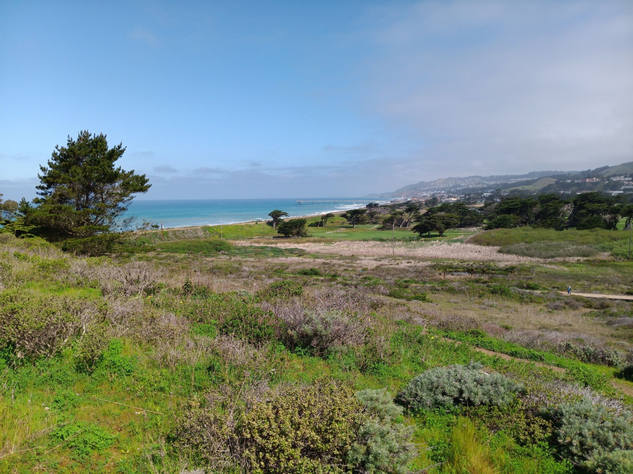 Expansive green and brown coastal scrubland with a distant beach and ocean. - Pacifica Pier – Old Mori Road Trail loop from Milagra Ridge