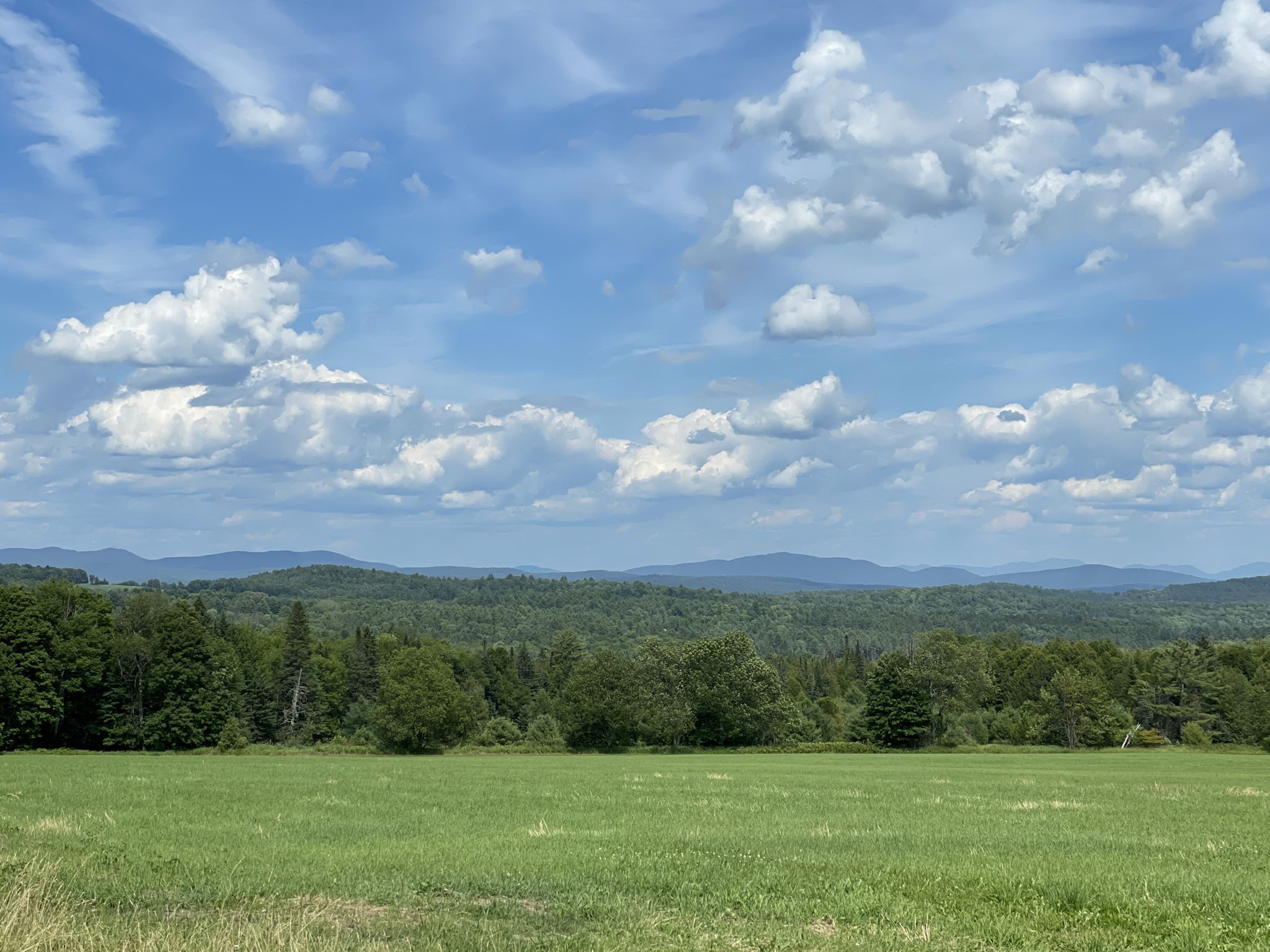 A green field with distant forests and mountains under a blue, cloudy sky. - Wonderful Lamoille Rail Trail – Public Access Tools and Pump loop from Saint Johnsbury