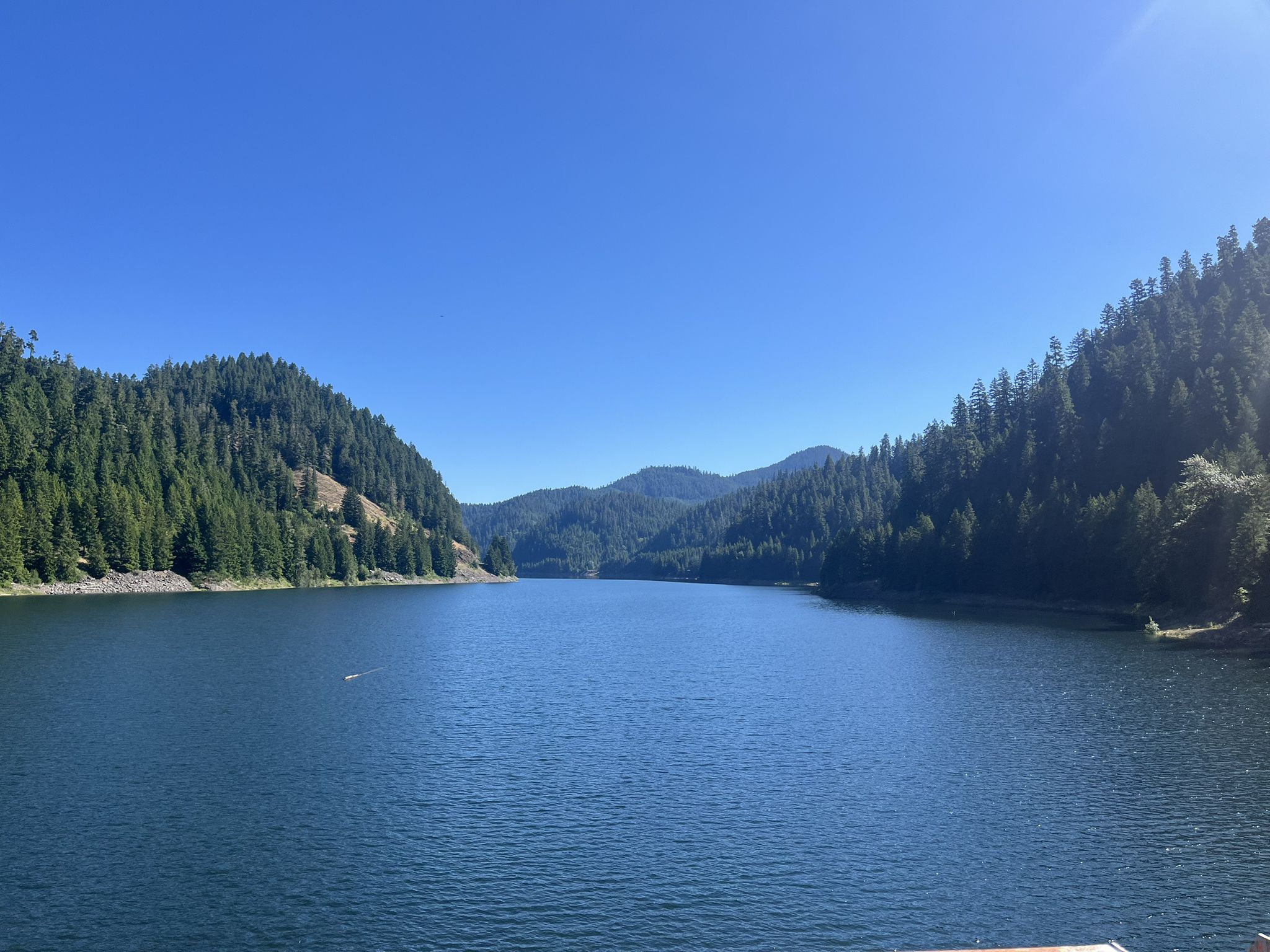 Wide lake surrounded by lush green forested mountains under a clear blue sky. - Oakridge Greenwaters Park – Hills Creek Reservoir loop from Oakridge