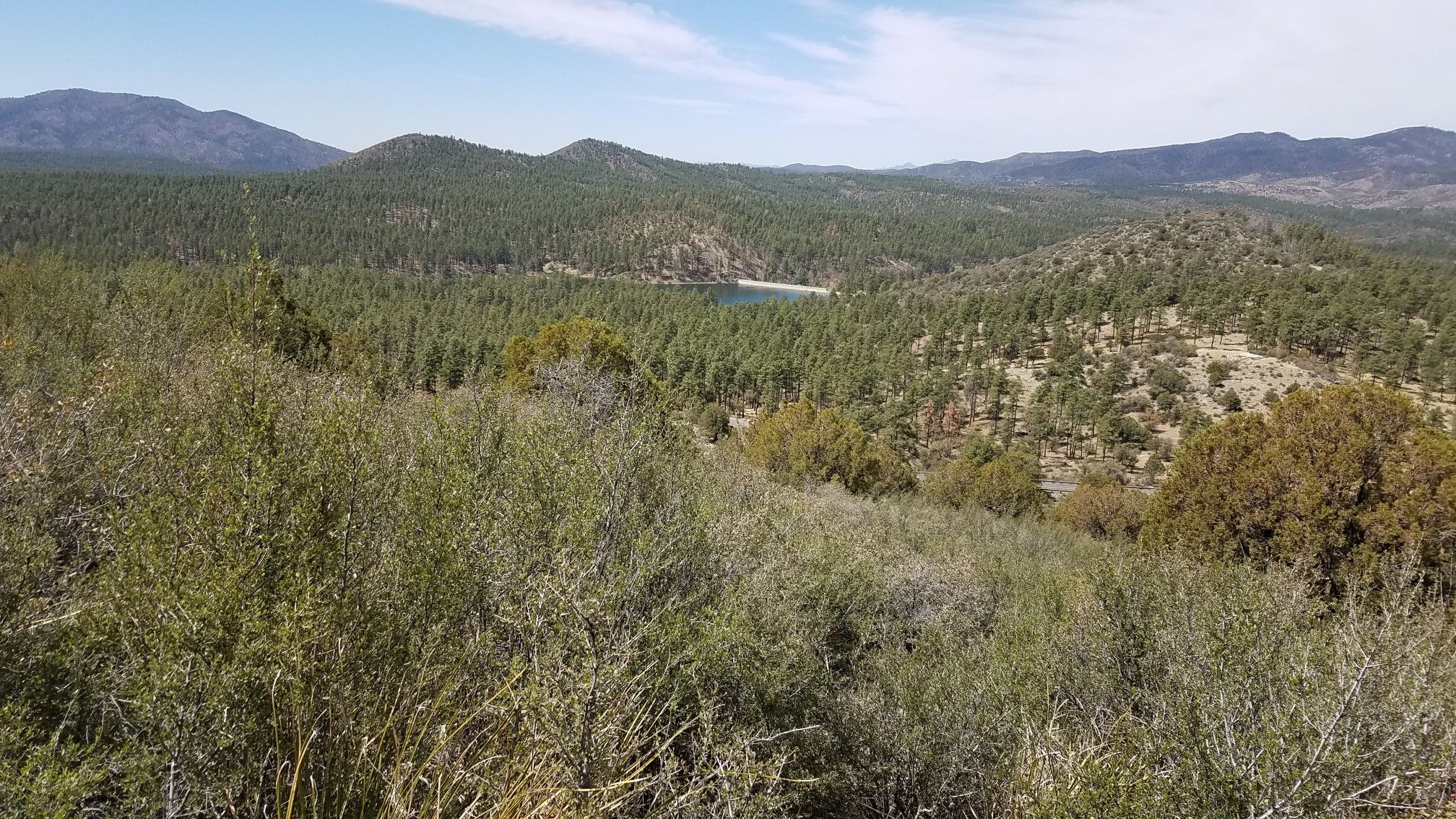 Expansive view of forested mountains with a distant lake under a blue sky. - Prescott Circle and Badger Mountain Loop