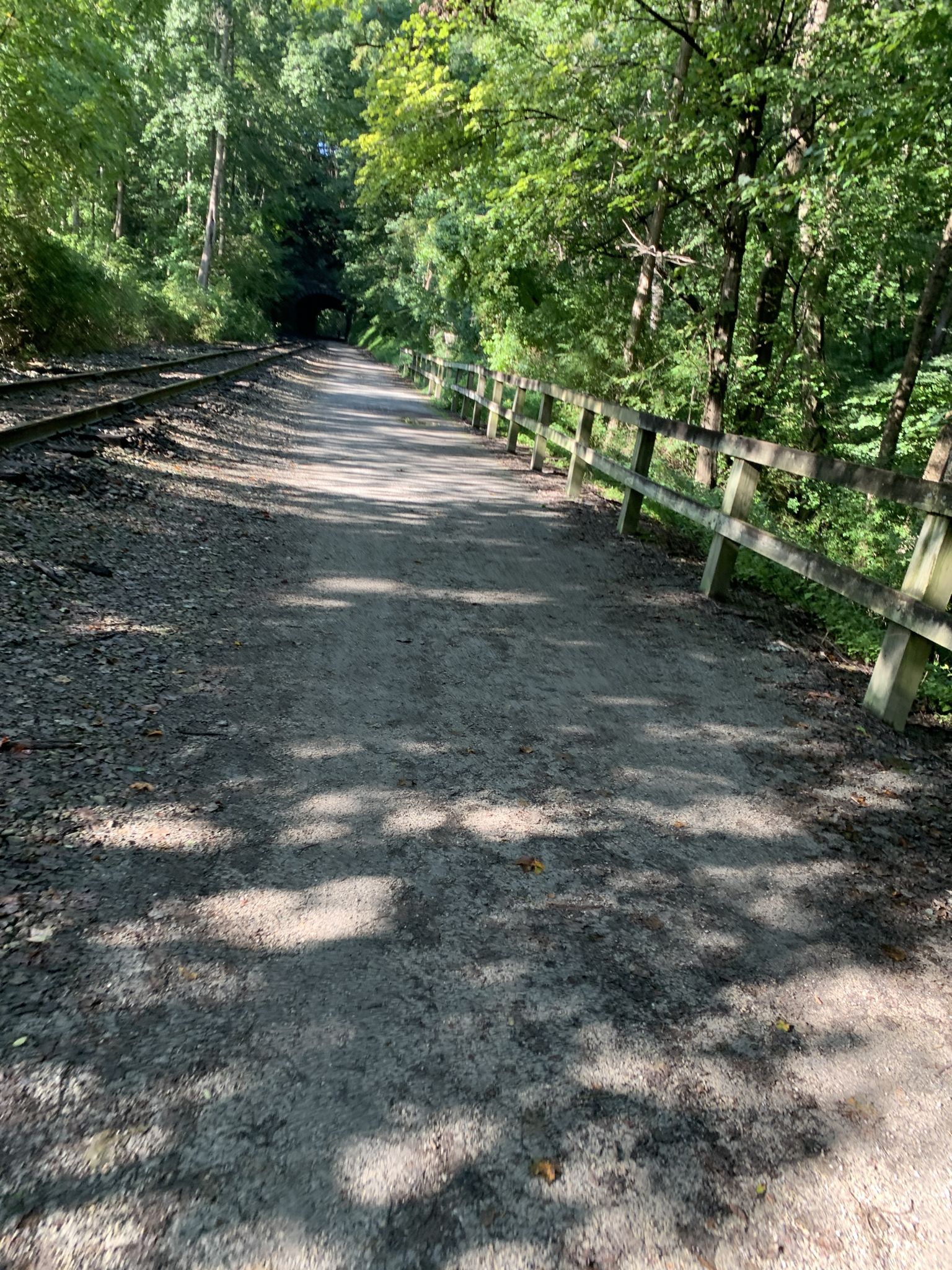 A sun-dappled gravel path next to railroad tracks and a wooden fence. - York County Heritage Rail Trail