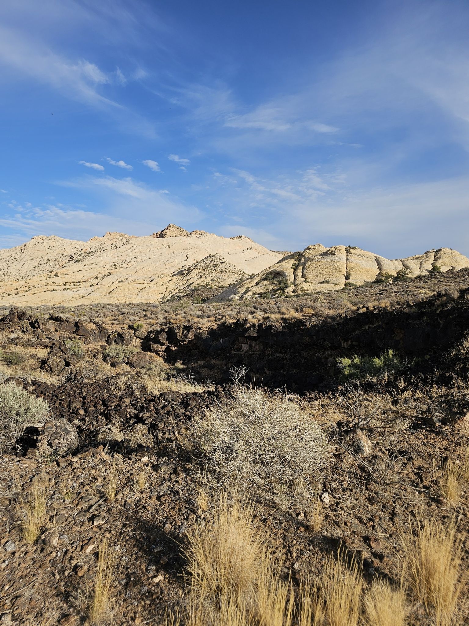 Arid landscape with dark rocky foreground and light mountains under blue sky. - Snow Canyon & Gunlock Reservoir State Parks loop