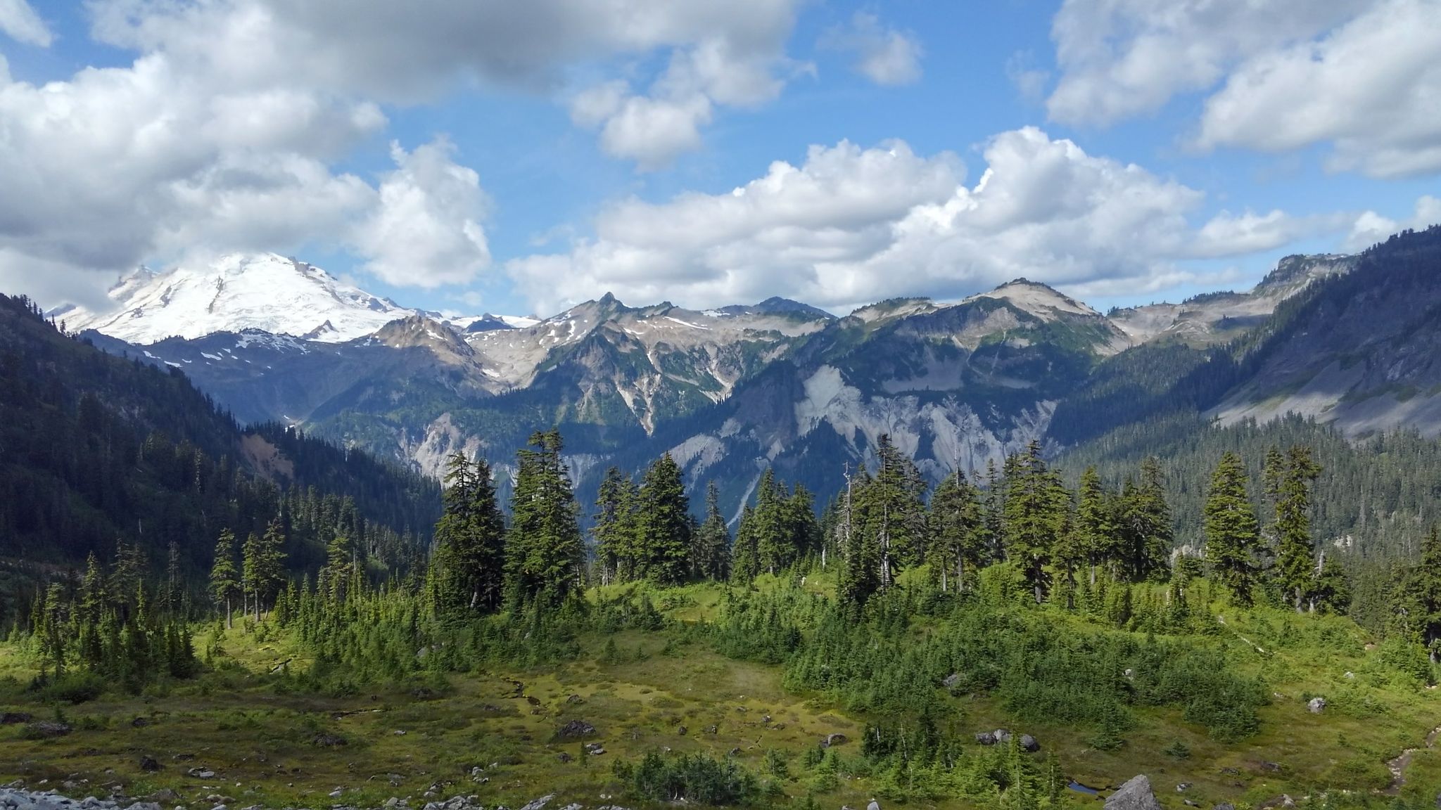 Snowy mountain peak, forested valley, and cloudy sky on a bright day. - Swift Creek Trail Junction – Lake Ann loop from Artist Point Trailhead