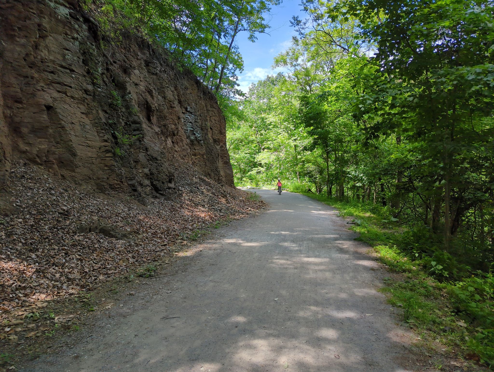 A person cycles on a sunny dirt path beside a rocky bank and green trees. - Iron Gate Trail – Footpath along Nine Mile Run stream loop from Allegheny Cemetery