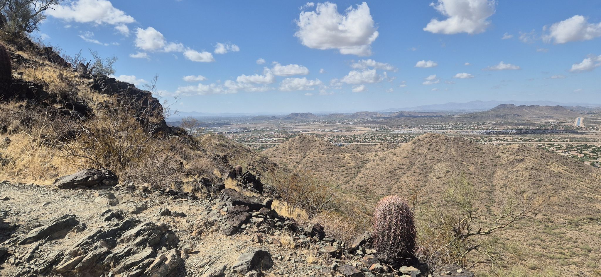Rocky desert hillside with a barrel cactus, overlooking a distant town. - Dixie Summit Trail