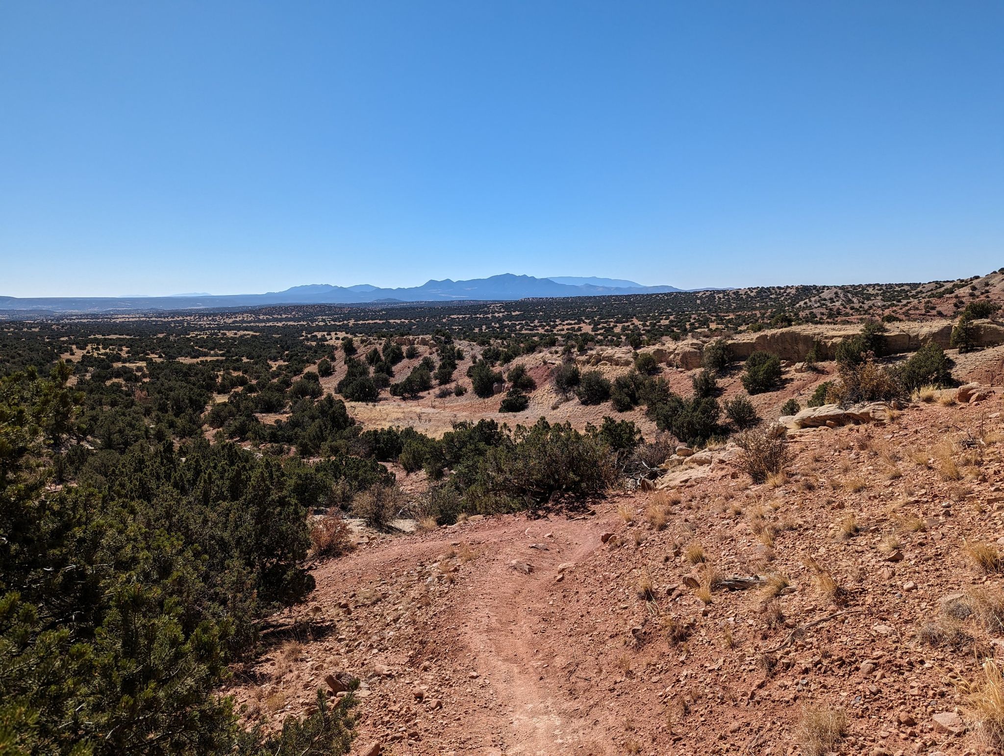 A dirt trail winds through a vast, sunny desert landscape with distant mountains. - Galisteo Basin Preserve Loop