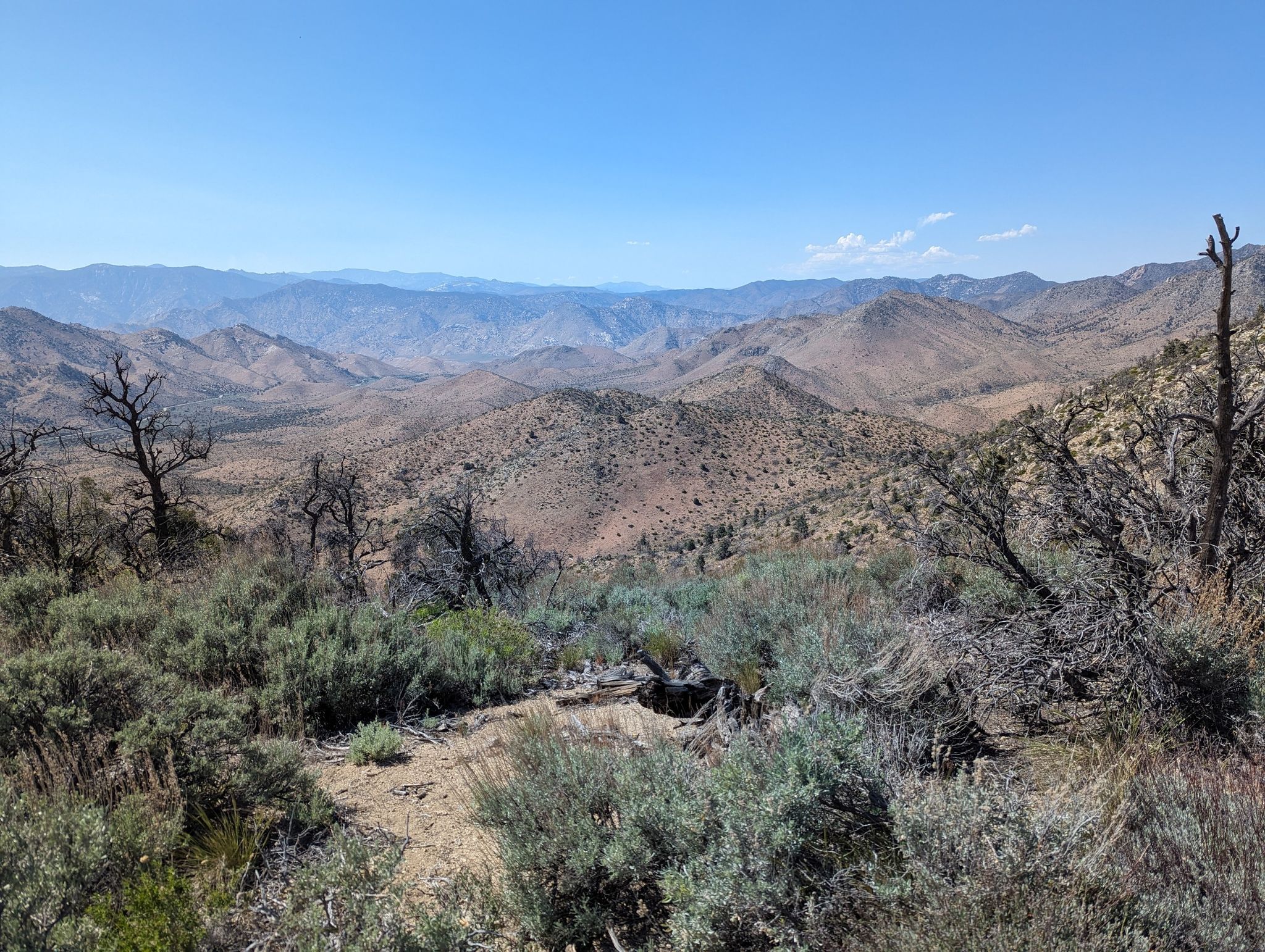 Panoramic view of arid mountains and valleys under a clear blue sky. - Morris Peak via Walker Pass