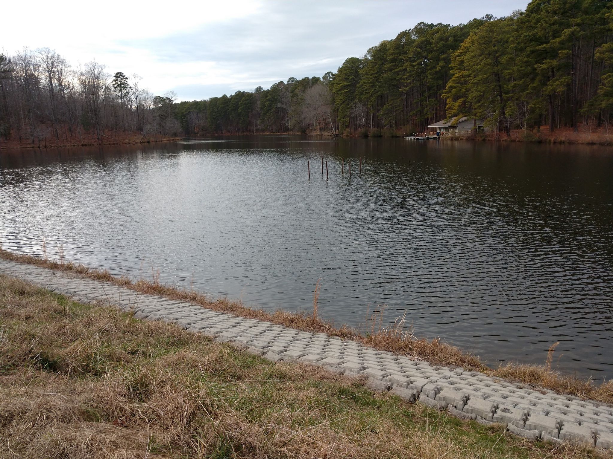 Overcast view of a lake with forested banks and a paved shoreline. - Lakeside Trail