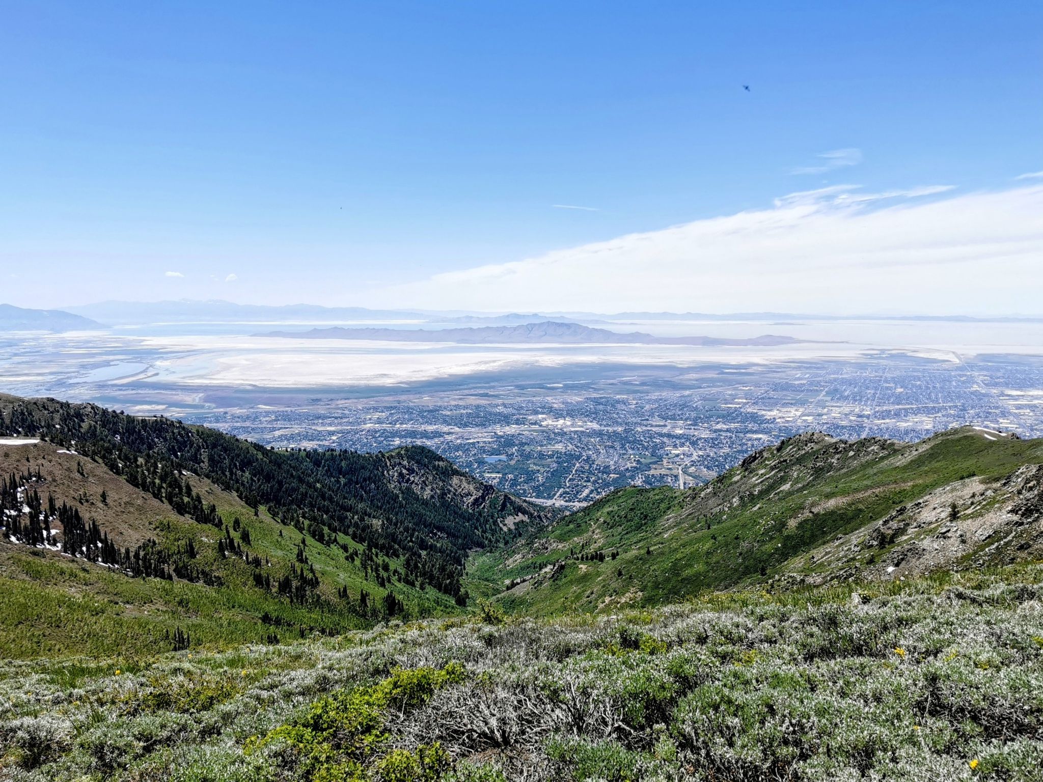Panoramic view of green mountainsides overlooking a distant city and plains under clear skies. - Great Western Trail: Francis Peak to Thurston Peak