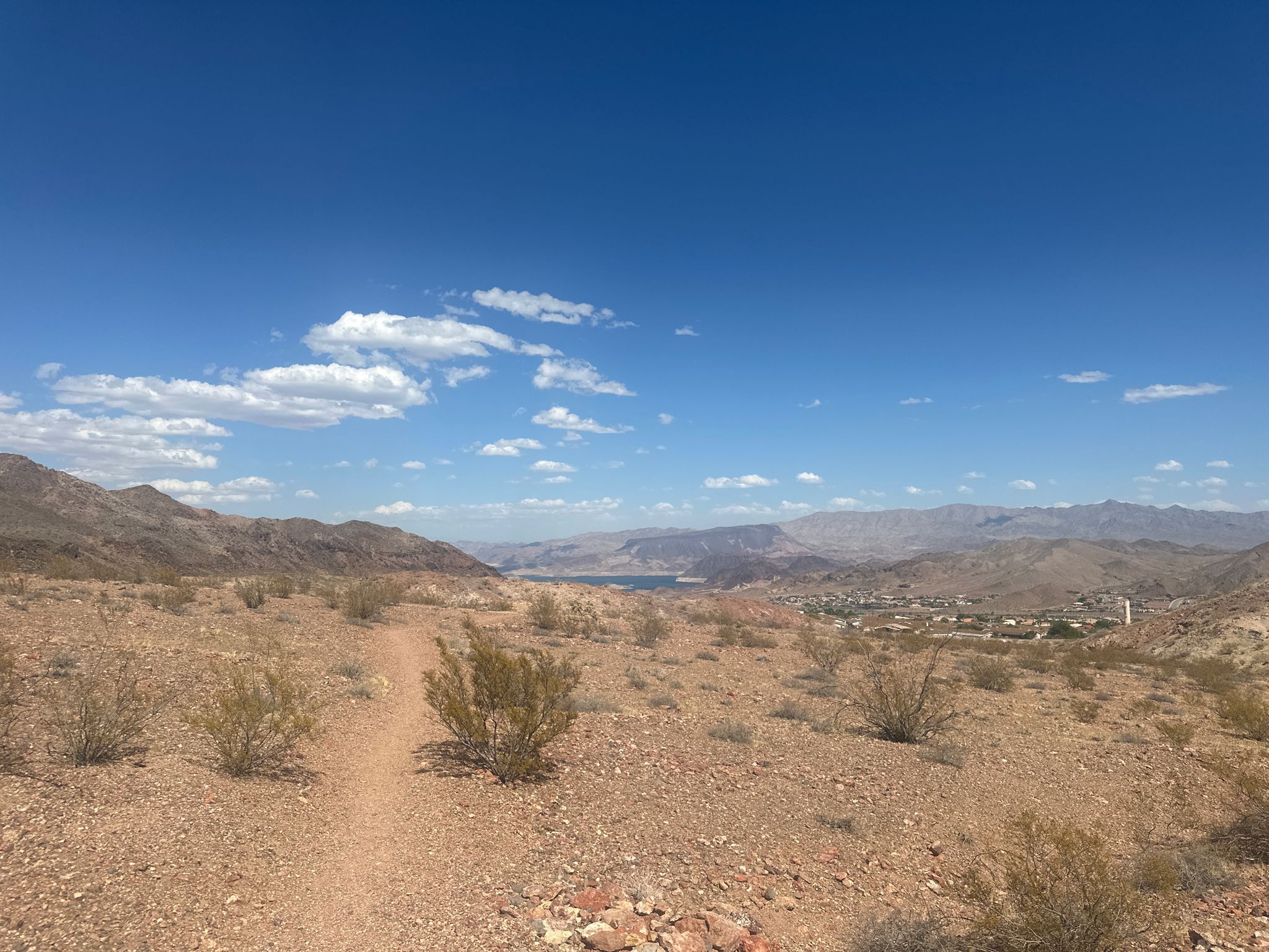 A dirt trail through arid desert shrubs, with mountains and a lake in the distance. - Lower and Middle Lakeview loop — Bootleg Canyon