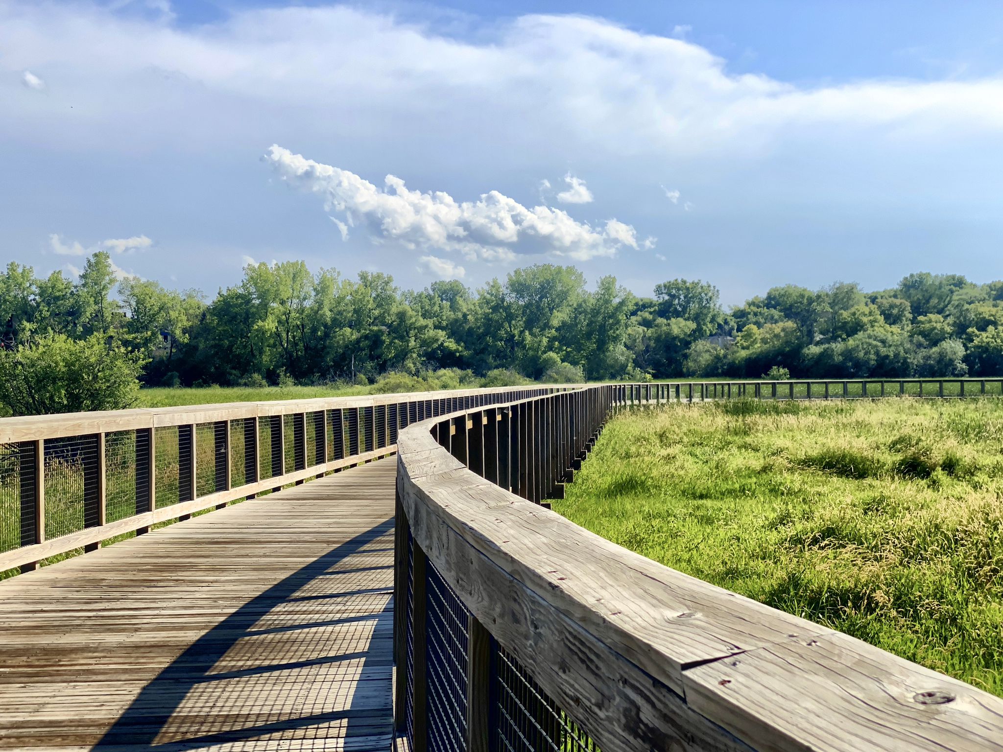 Long wooden boardwalk curving through a grassy wetland under a cloudy sky. - Walnut Ridge Park – Bredesen Park loop from #5901
