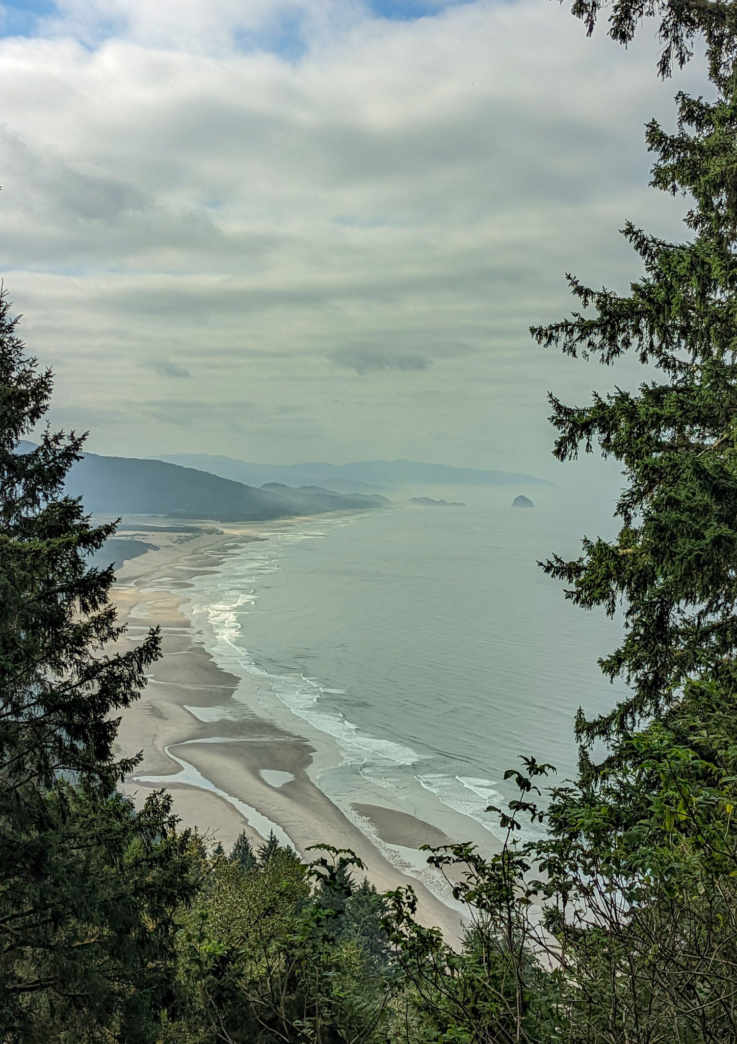 Overlook of a wide sandy beach and ocean under cloudy skies, framed by trees. - Tillamook & Pacific City loop via Oregon Coast Scenic Bikeway