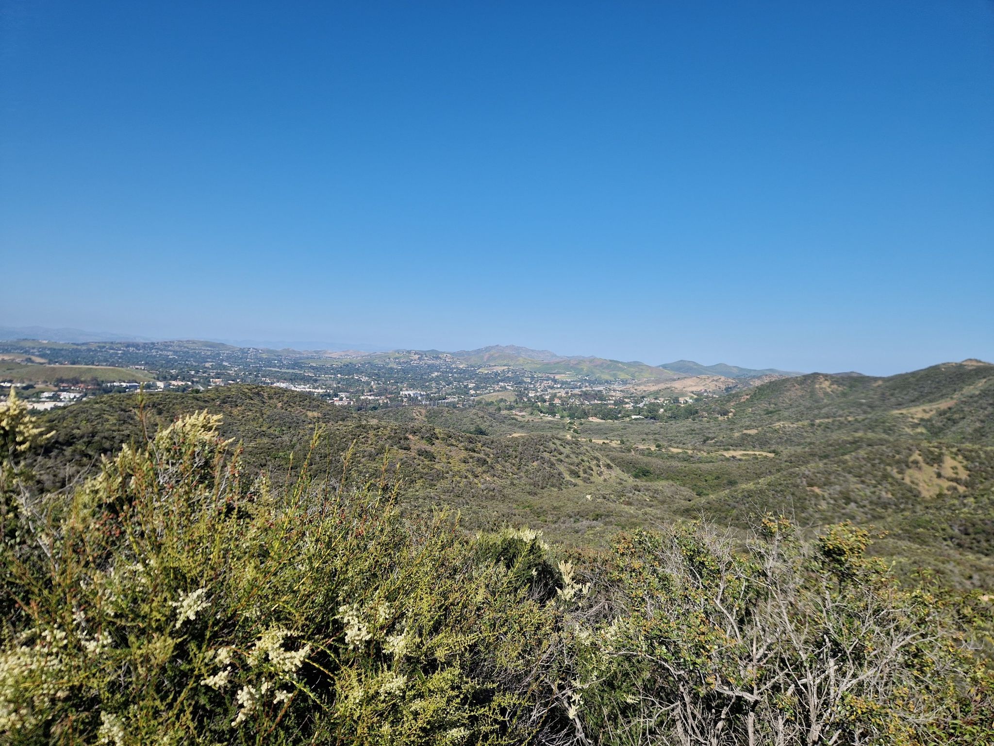 Sunny panoramic view of green hills and a distant town under blue sky. - Los Robles and Rosewood Trail Loop