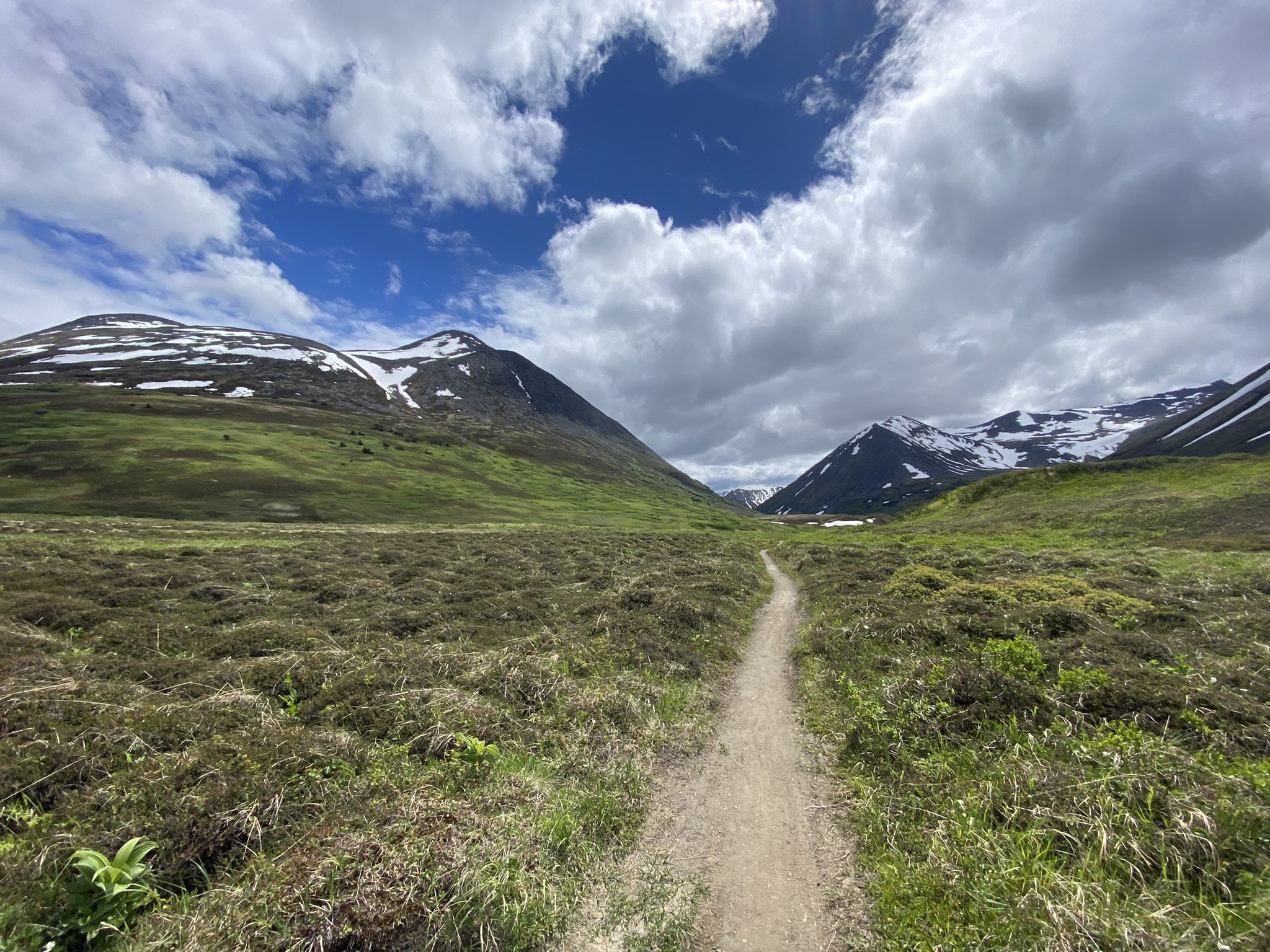 Dirt path through green valley towards snow-capped mountains under cloudy sky. - Resurrection Pass to Devil's Creek Trail