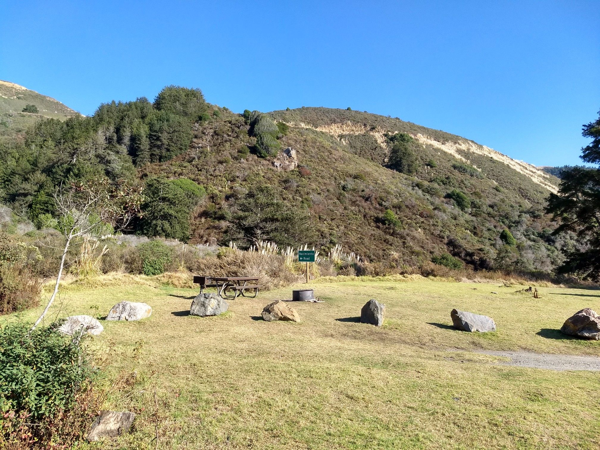 Sunny clearing with picnic table, fire pit, and rocks, backed by tree-covered hills. - Vicente Flat Trail