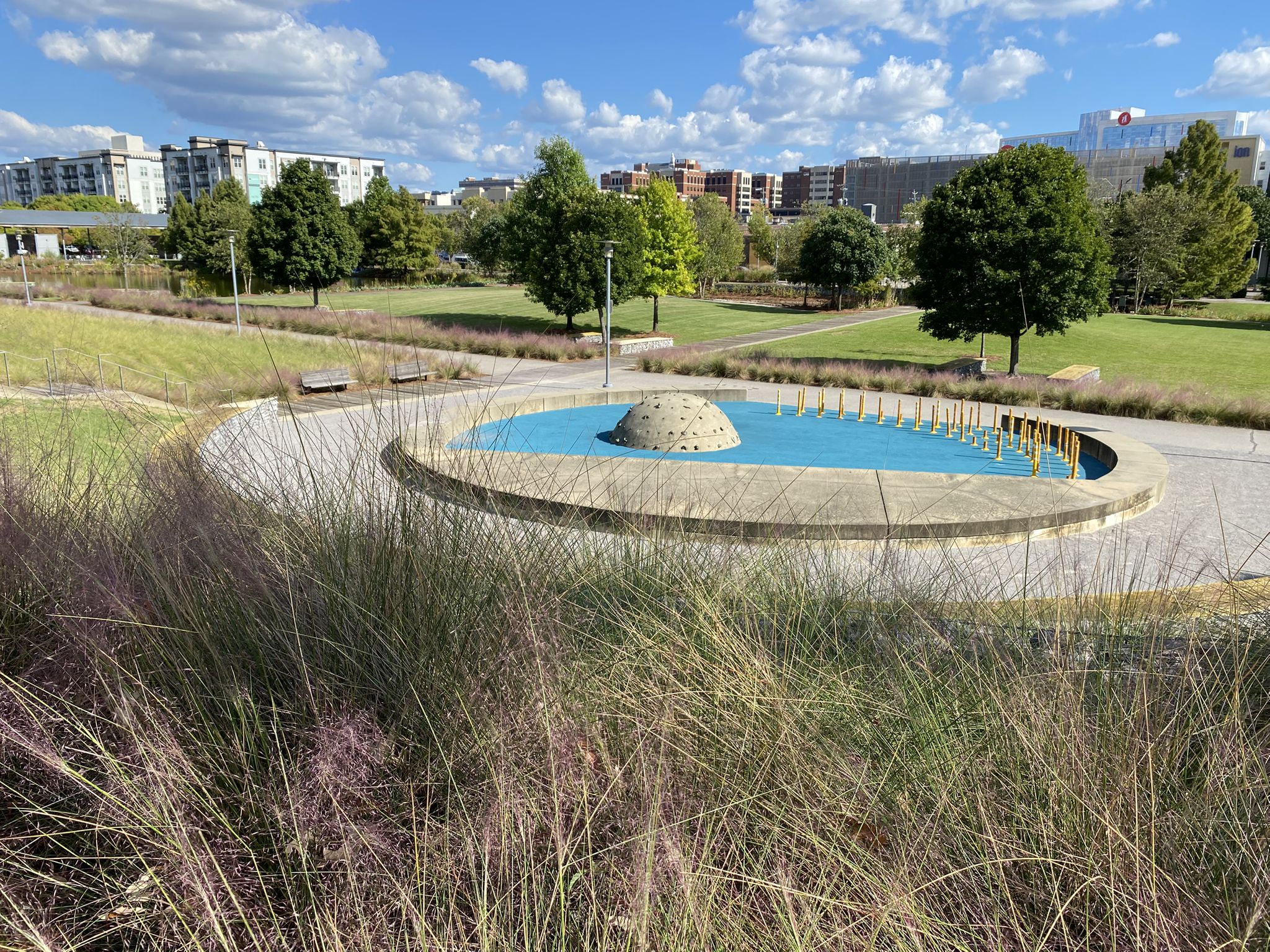 Circular blue water feature in a sunny park with tall grass. - Magic City Loop