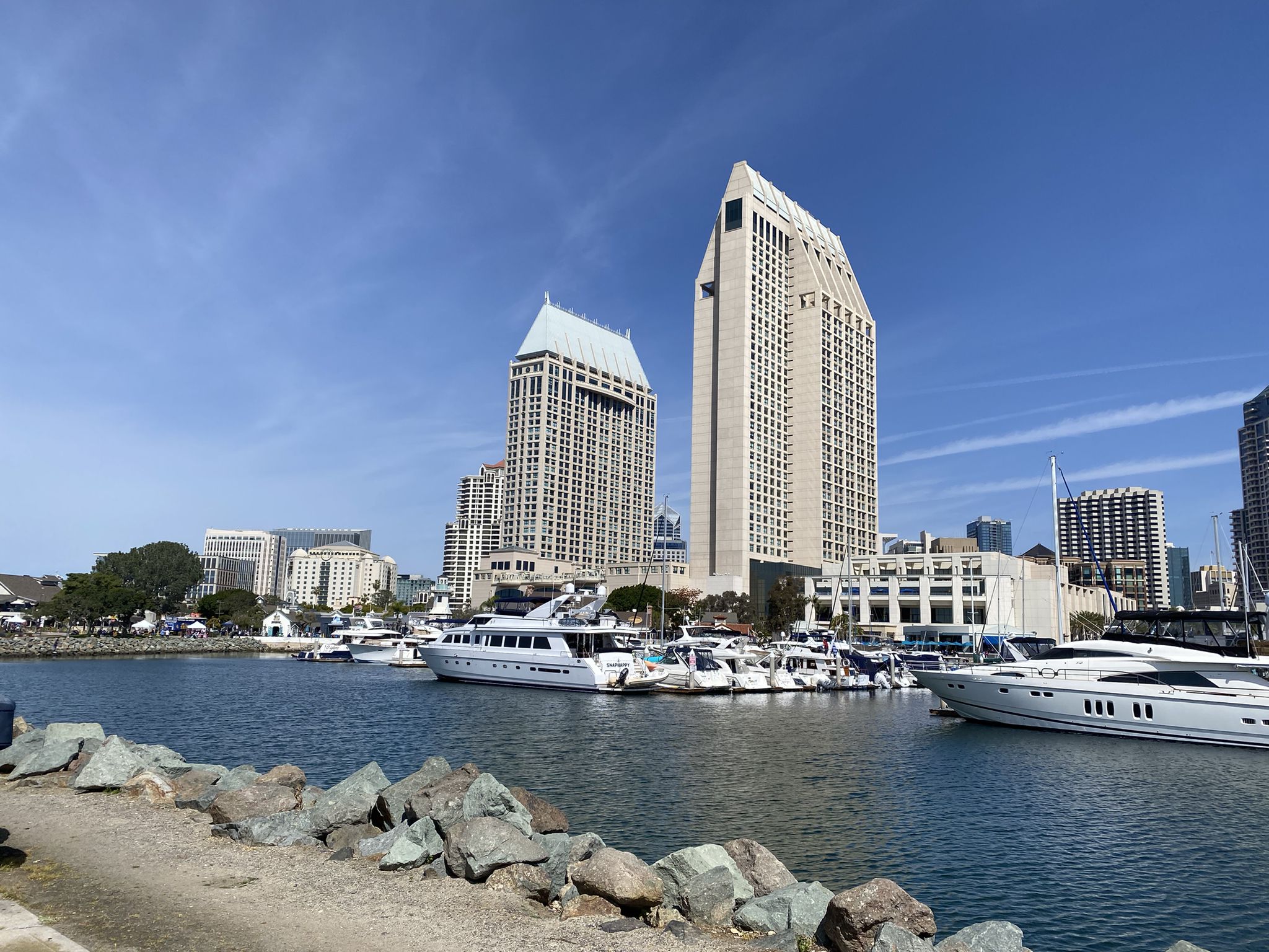 Marina filled with boats, backed by modern tall buildings under blue sky. - Embarcadero Marina Loop
