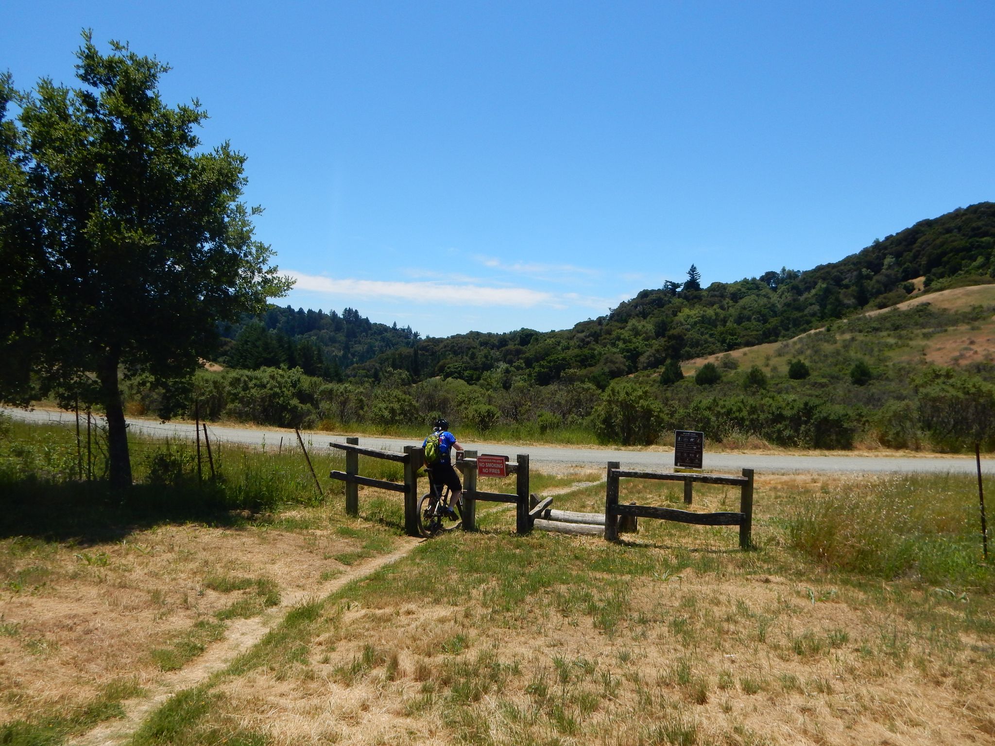 Cyclist at a wooden gate on a sunny day, surrounded by green hills. - Hiking loop from Los Trancos Open Space Preserve