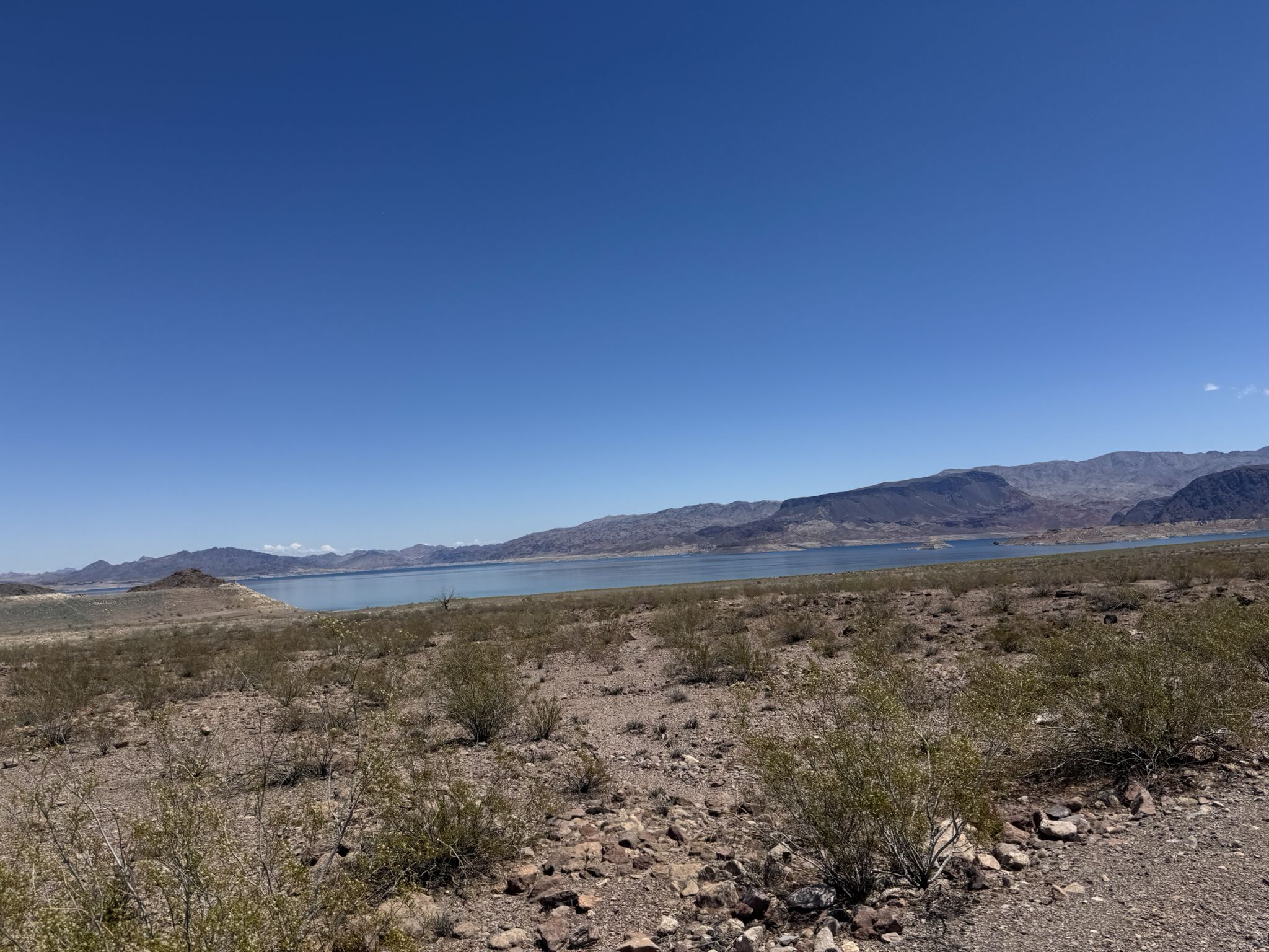 Vast desert landscape with sparse bushes, a large lake, and distant mountains. - Shaded picnic table loop from Historic Railroad Trailhead Parking Lot