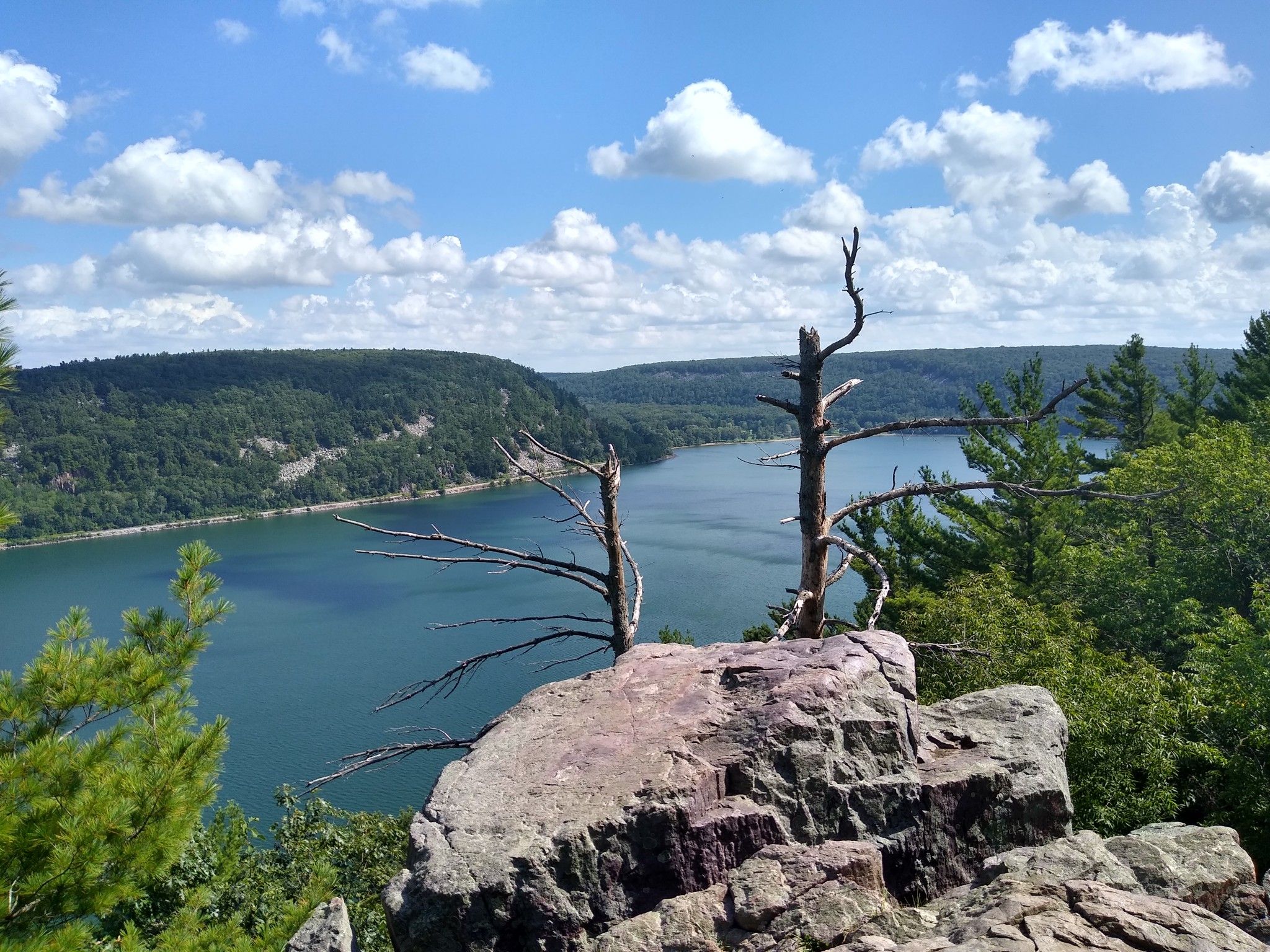 Rocky outcrop with dead trees overlooking a large lake and forested hills. - Ice Age Trail: Devil's Lake Loop