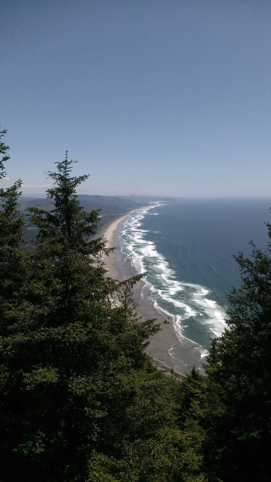 Bright coastal view of a long beach, ocean waves, and green evergreen trees. - Neahkahnie Mountain and Elk Flats Trail Loop