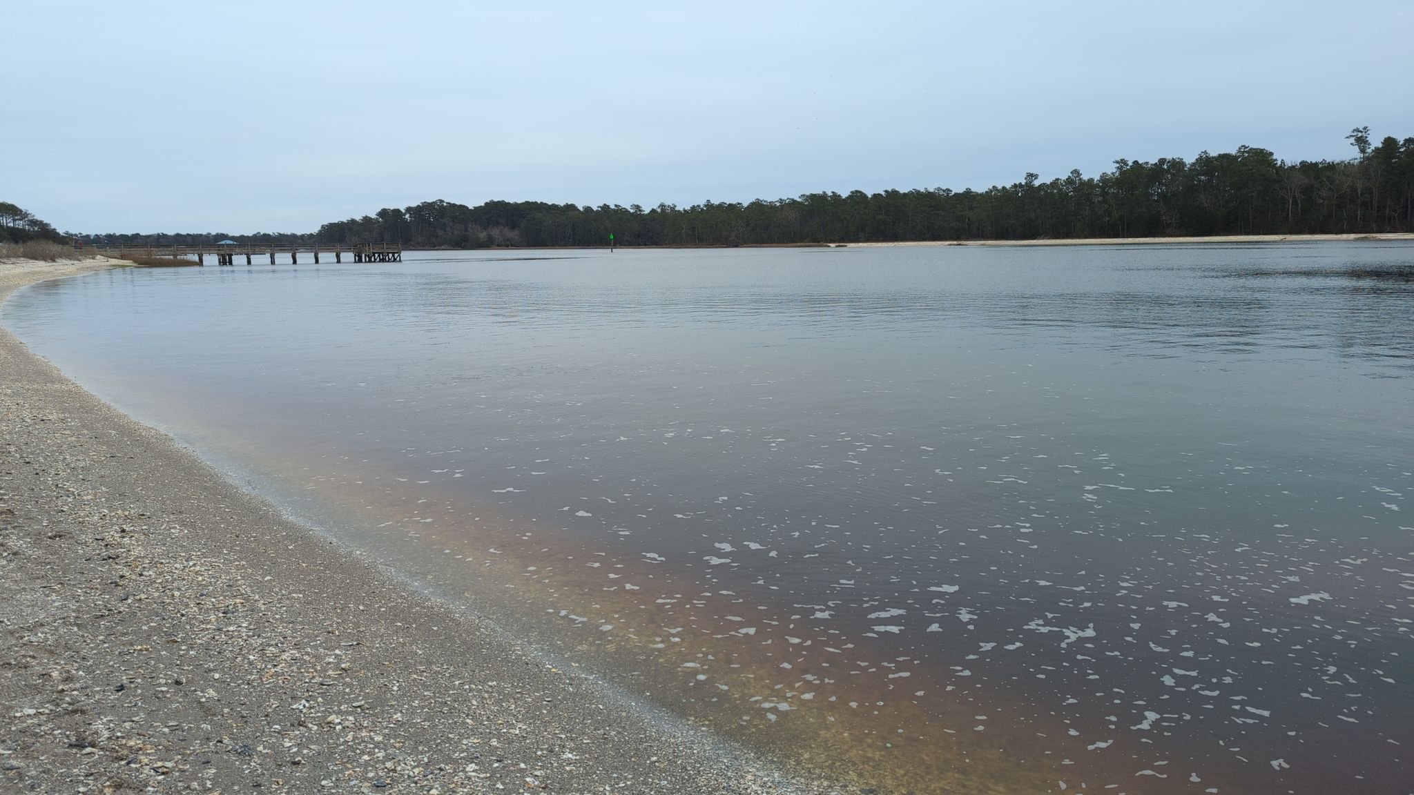 Calm water with a sandy shore and distant pier under an overcast sky. - Vereen Memorial Gardens loop