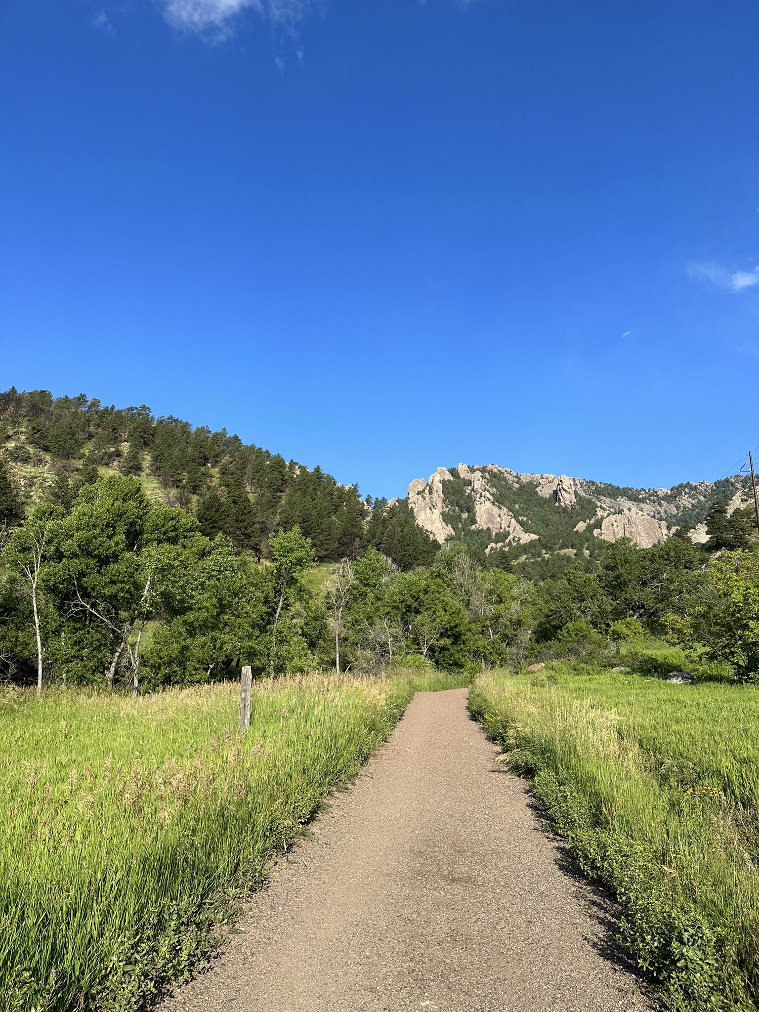 Dirt path through green fields leading to distant rocky mountains under blue sky. - Bear Creek loop from National Center for Atmospheric Research