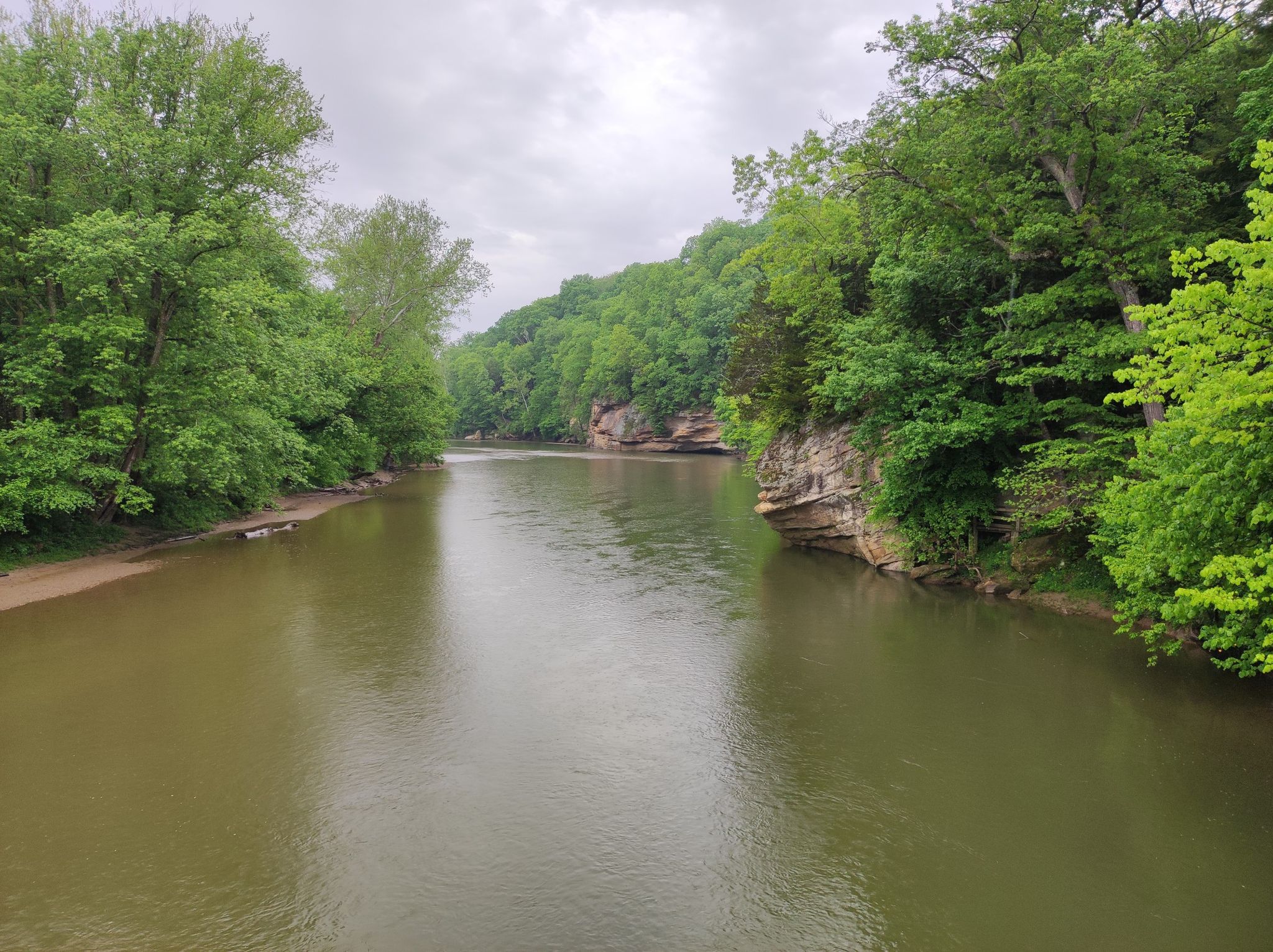 A wide river with rocky and forested banks under an overcast sky. - Turkey Run Trails 3 and 10 Loop